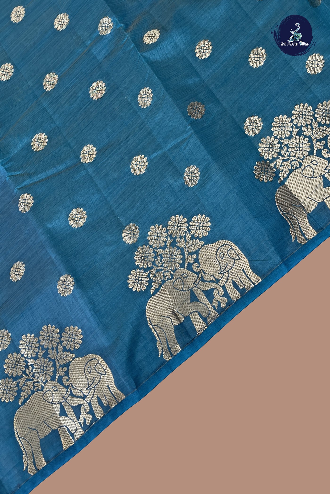 Teal Blue Semi Tussar Saree With Zari Buttas Pattern