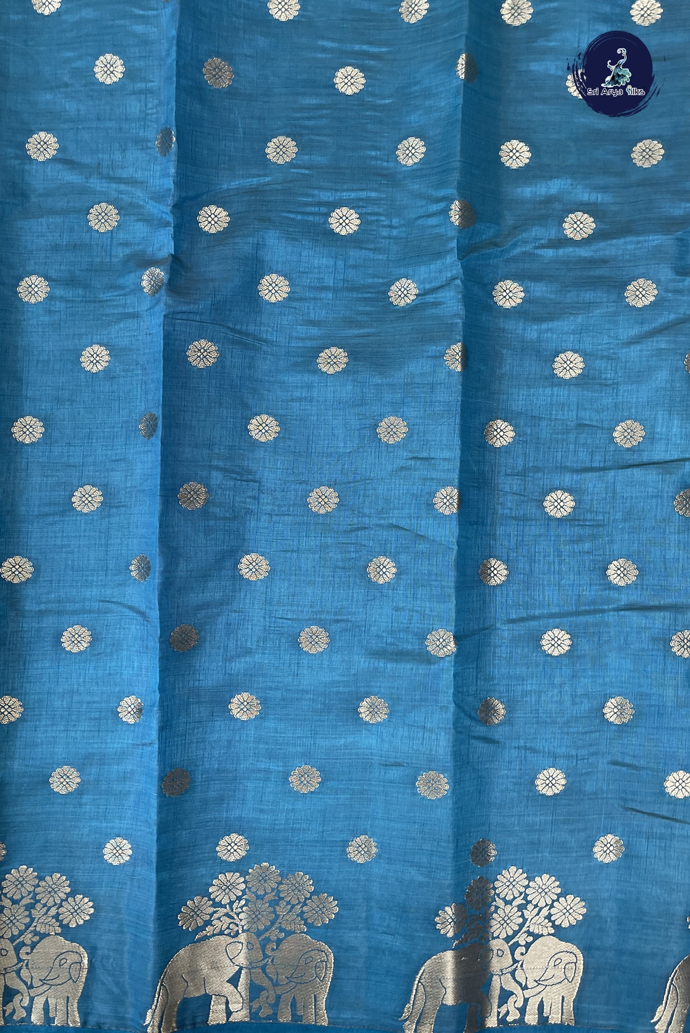 Teal Blue Semi Tussar Saree With Zari Buttas Pattern