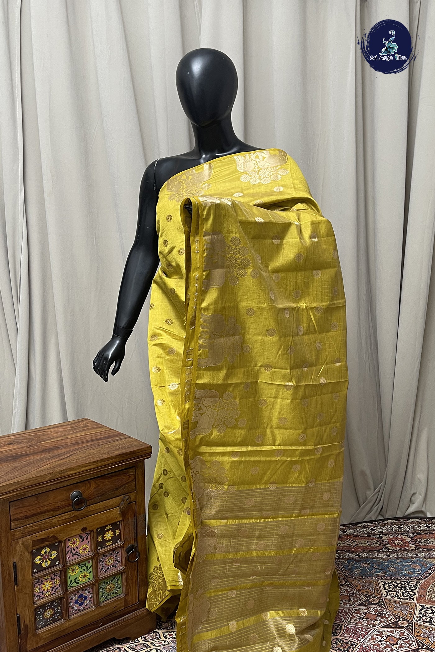 Yellow Semi Tussar Saree With Zari Buttas Pattern