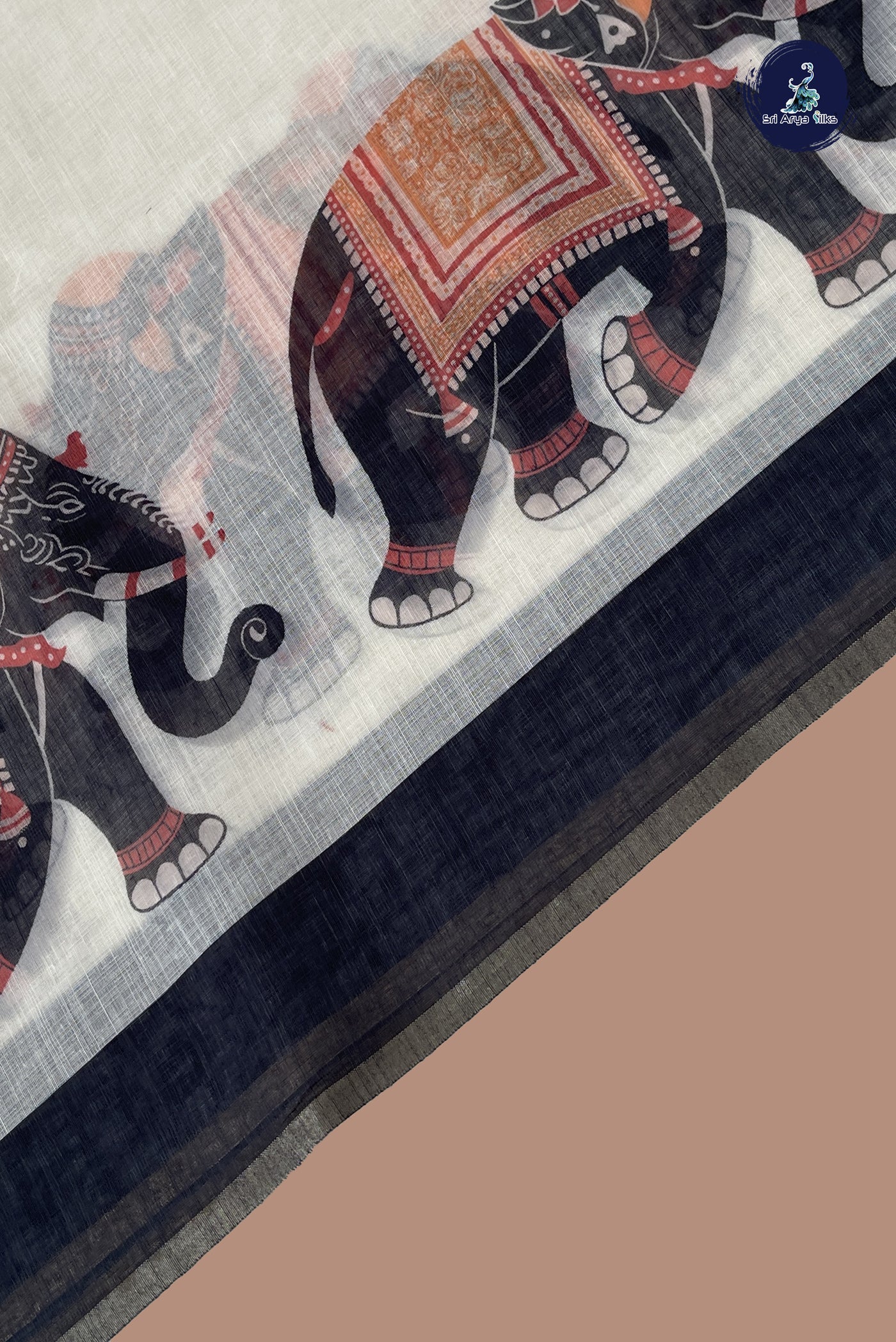 White Linen Saree With Printed Pattern