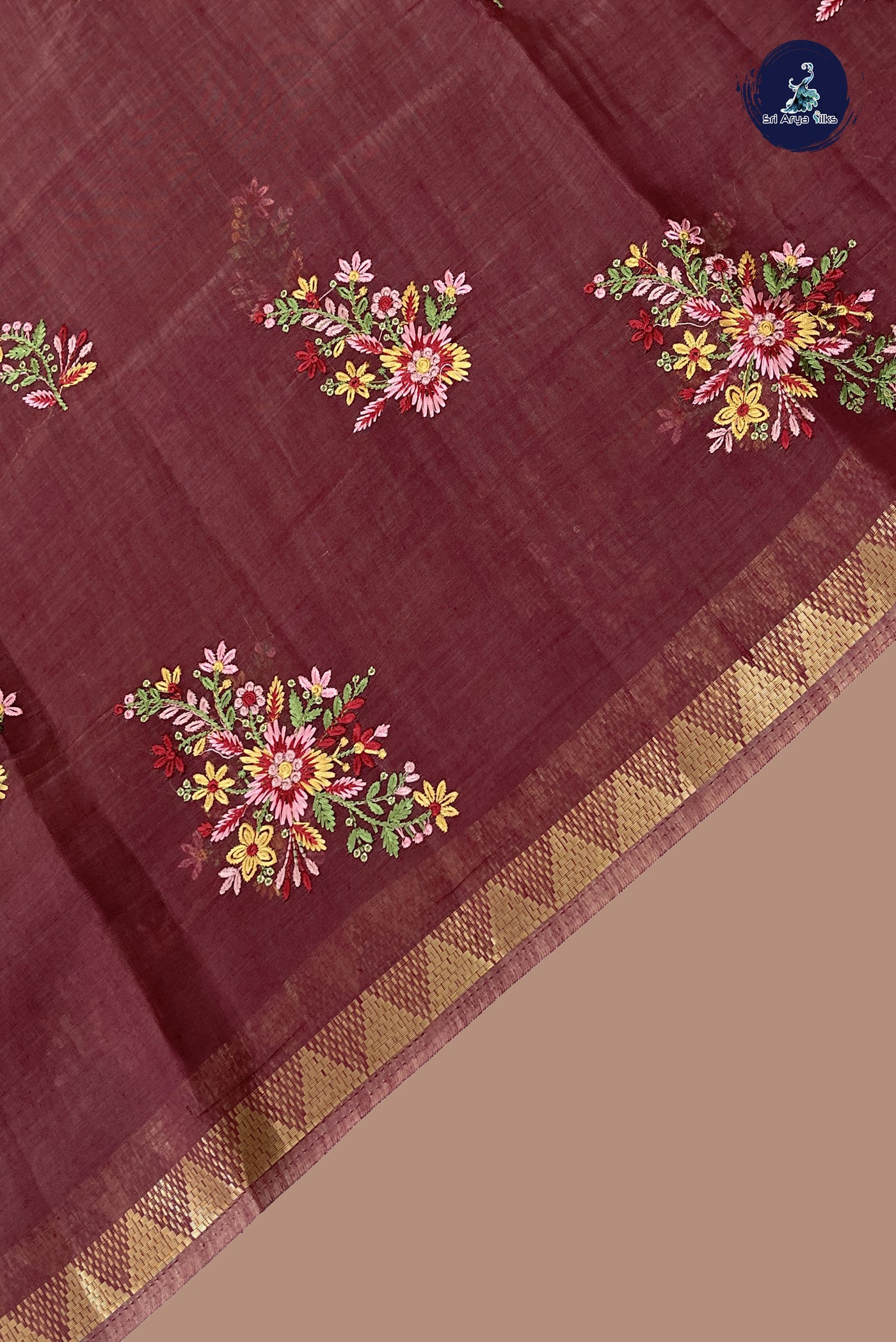 Brown Linen Saree With Embroidery Pattern