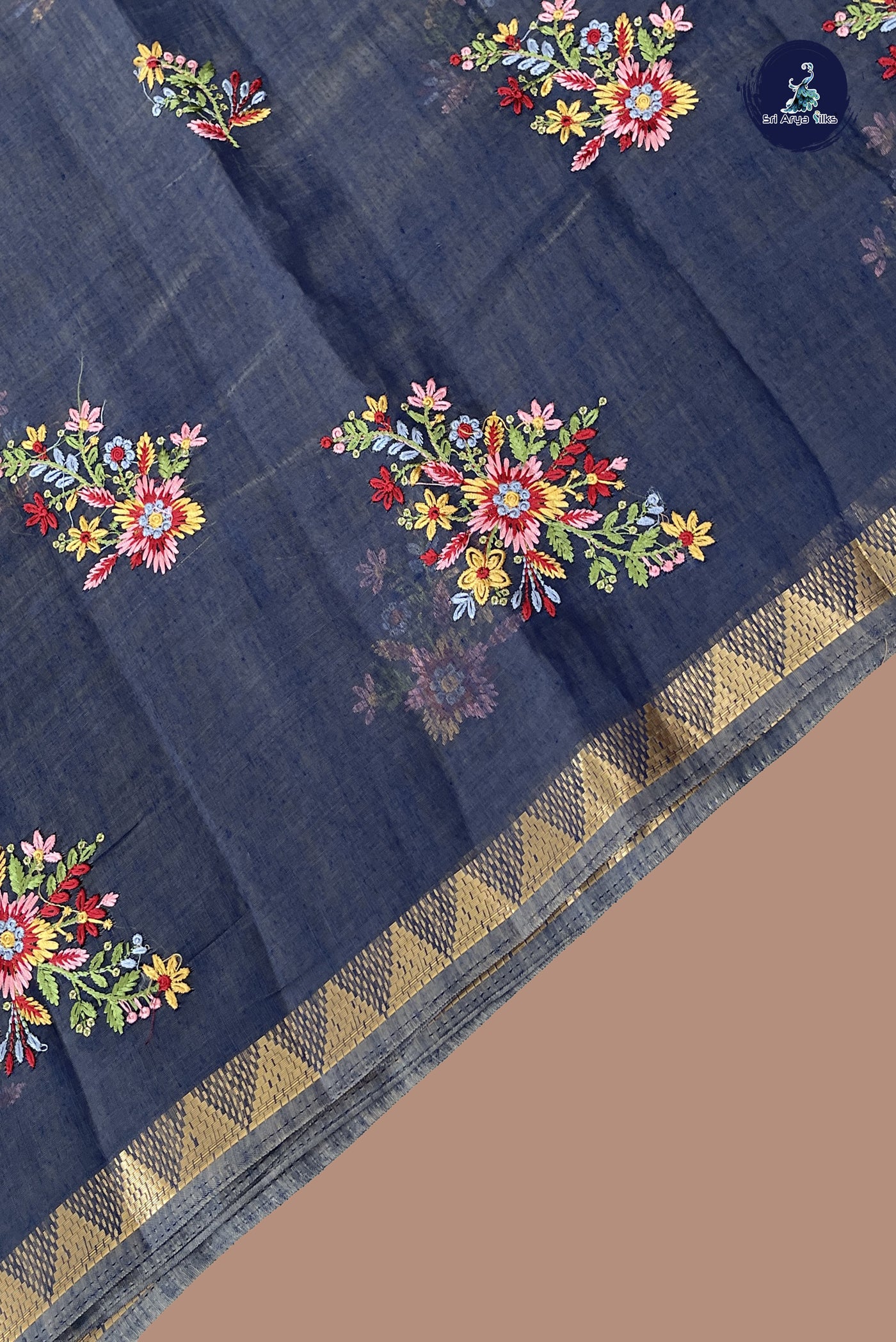 Blue Linen Saree With Embroidery Pattern