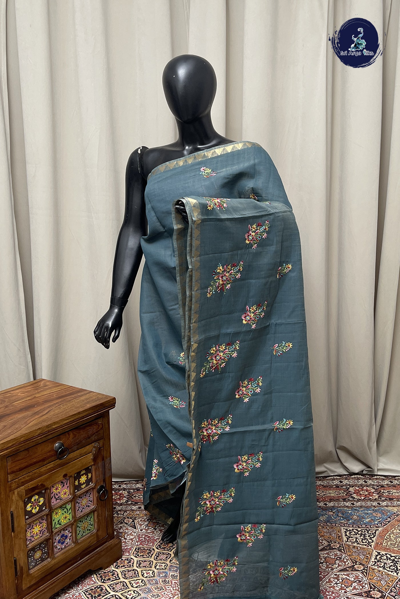 Teal Blue Linen Saree With Embroidery Pattern