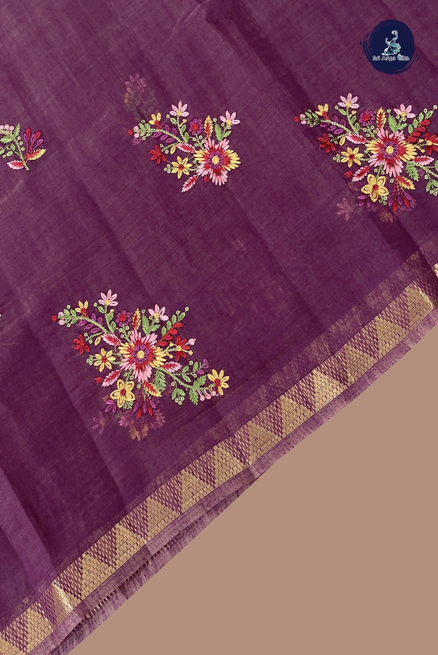 Purple Linen Saree With Embroidery Pattern