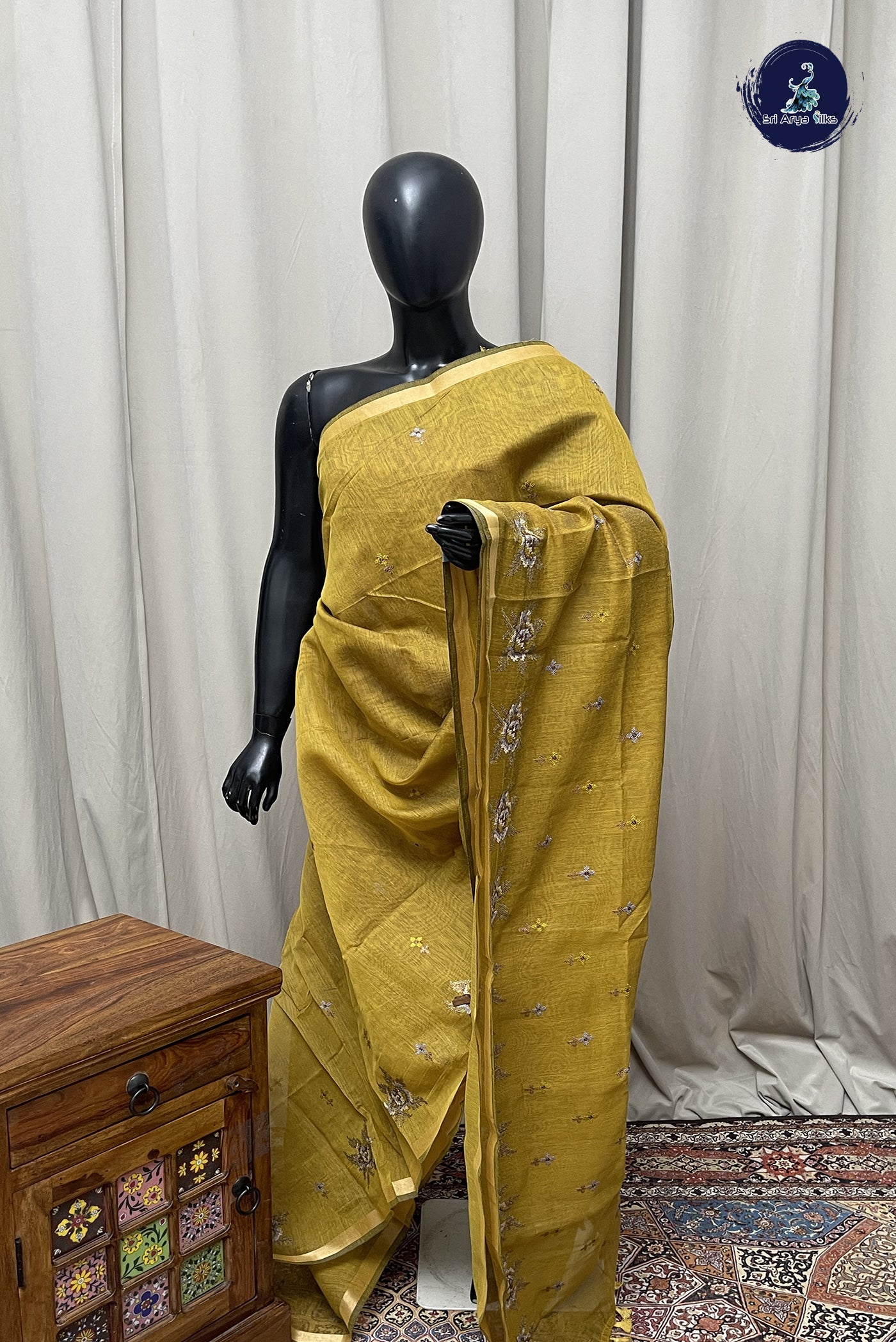 Yellow Semi Chanderi Saree With Embroidery Pattern