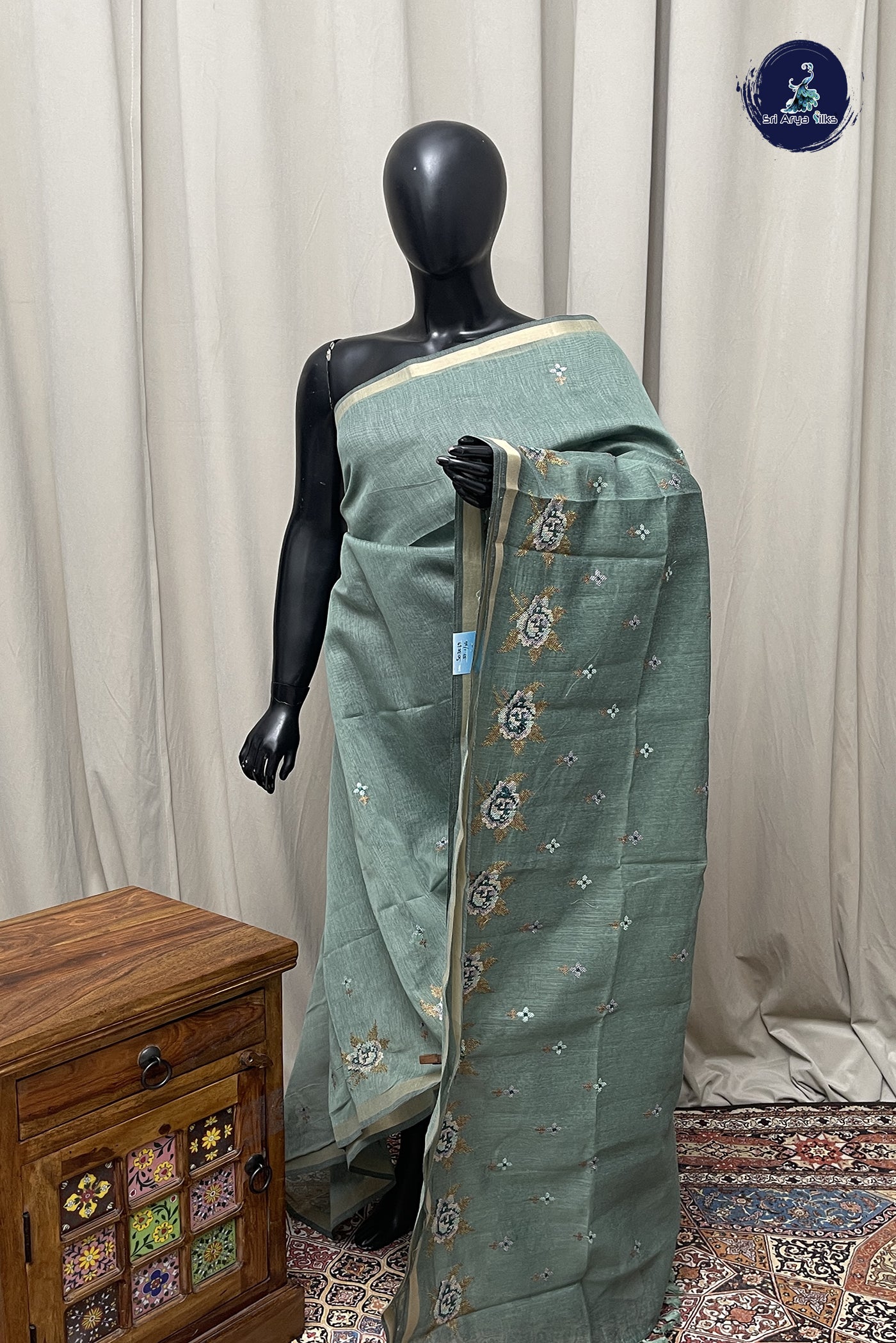 Pastel Green Semi Chanderi Saree With Embroidery Pattern