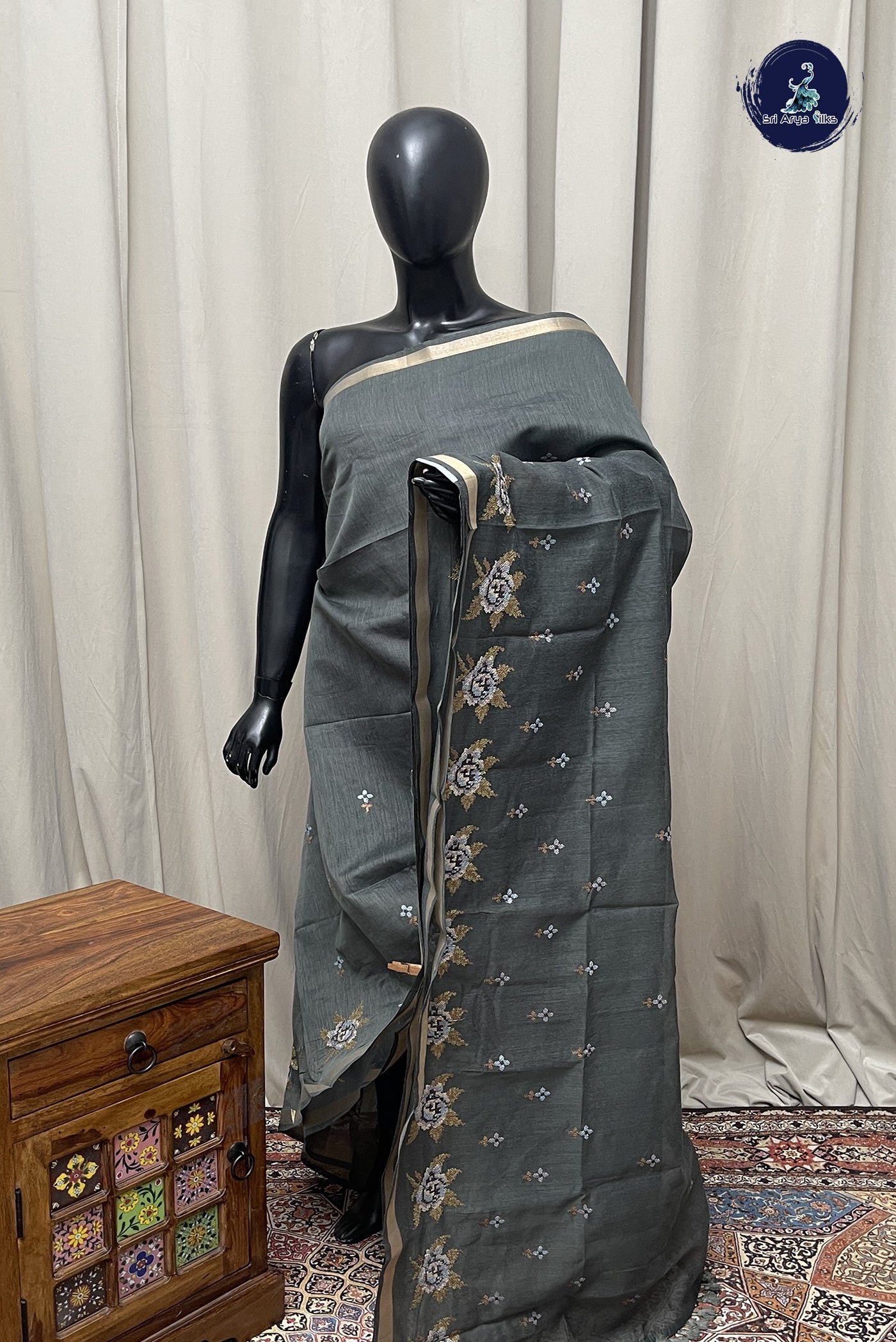 Greenish Grey Semi Chanderi Saree With Embroidery Pattern