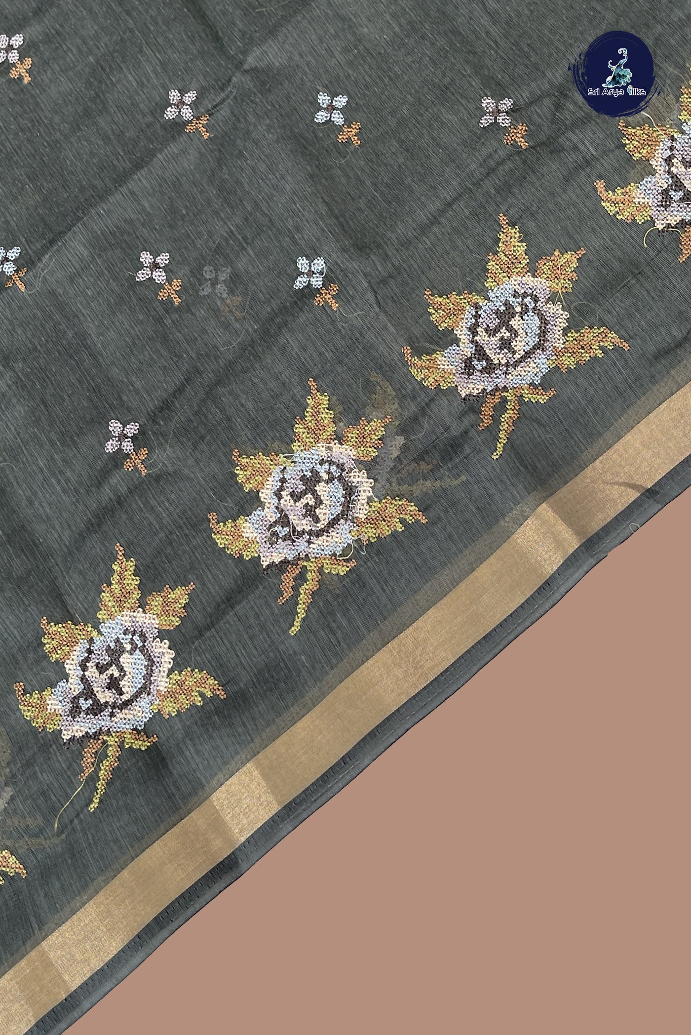 Greenish Grey Semi Chanderi Saree With Embroidery Pattern