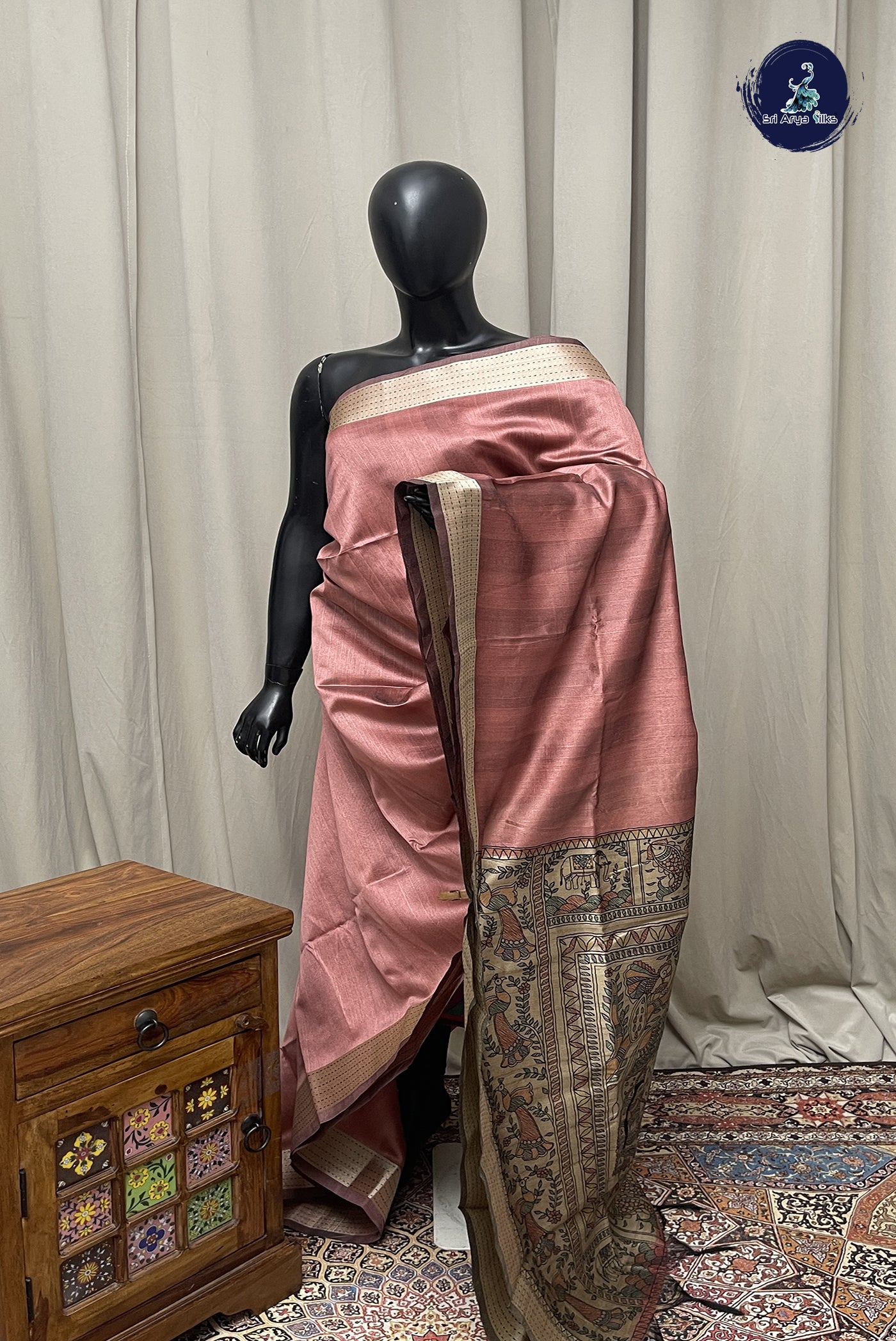 Pinkish Peach Semi Tussar Saree With Plain Pattern