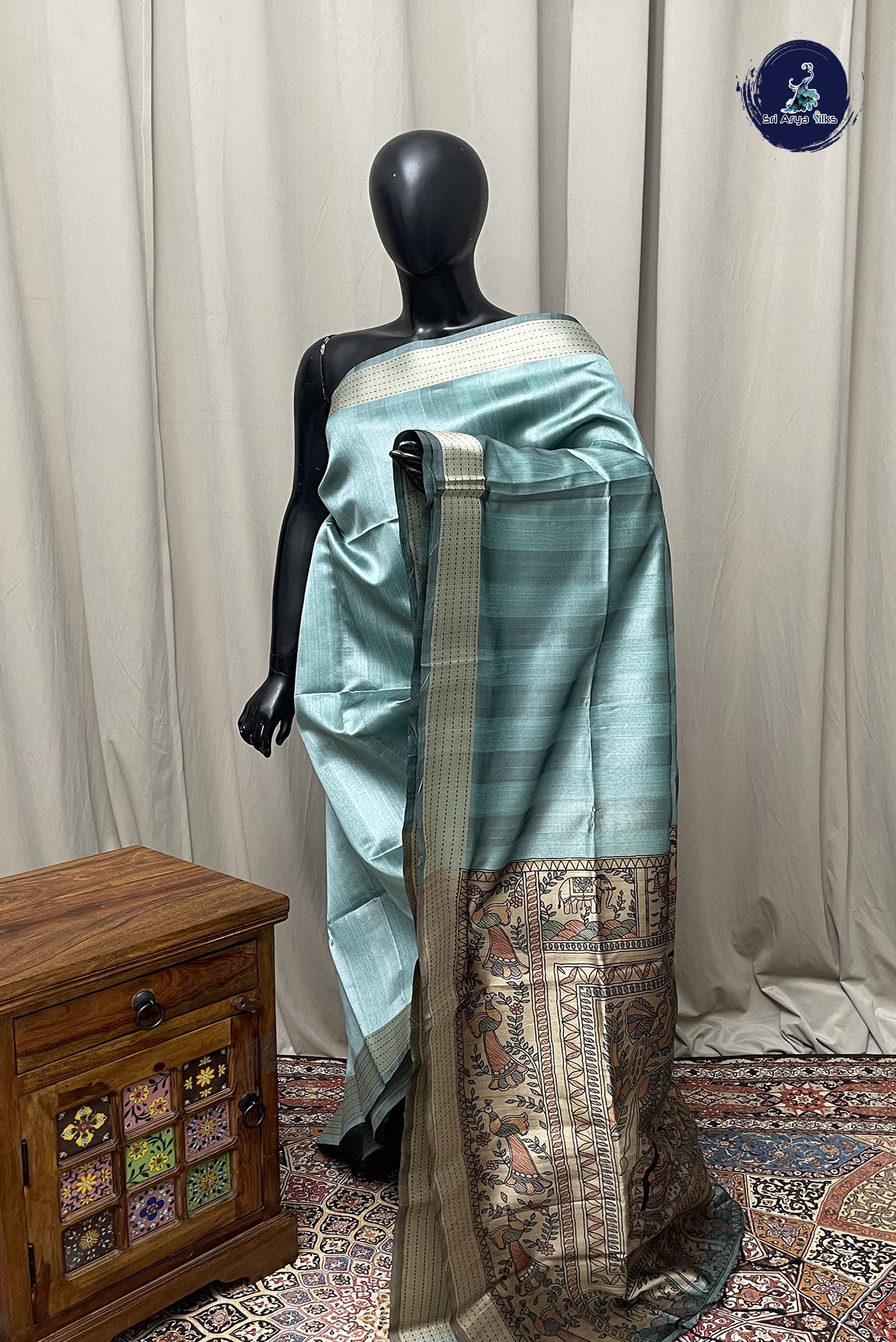 Blue Semi Tussar Saree With Plain Pattern