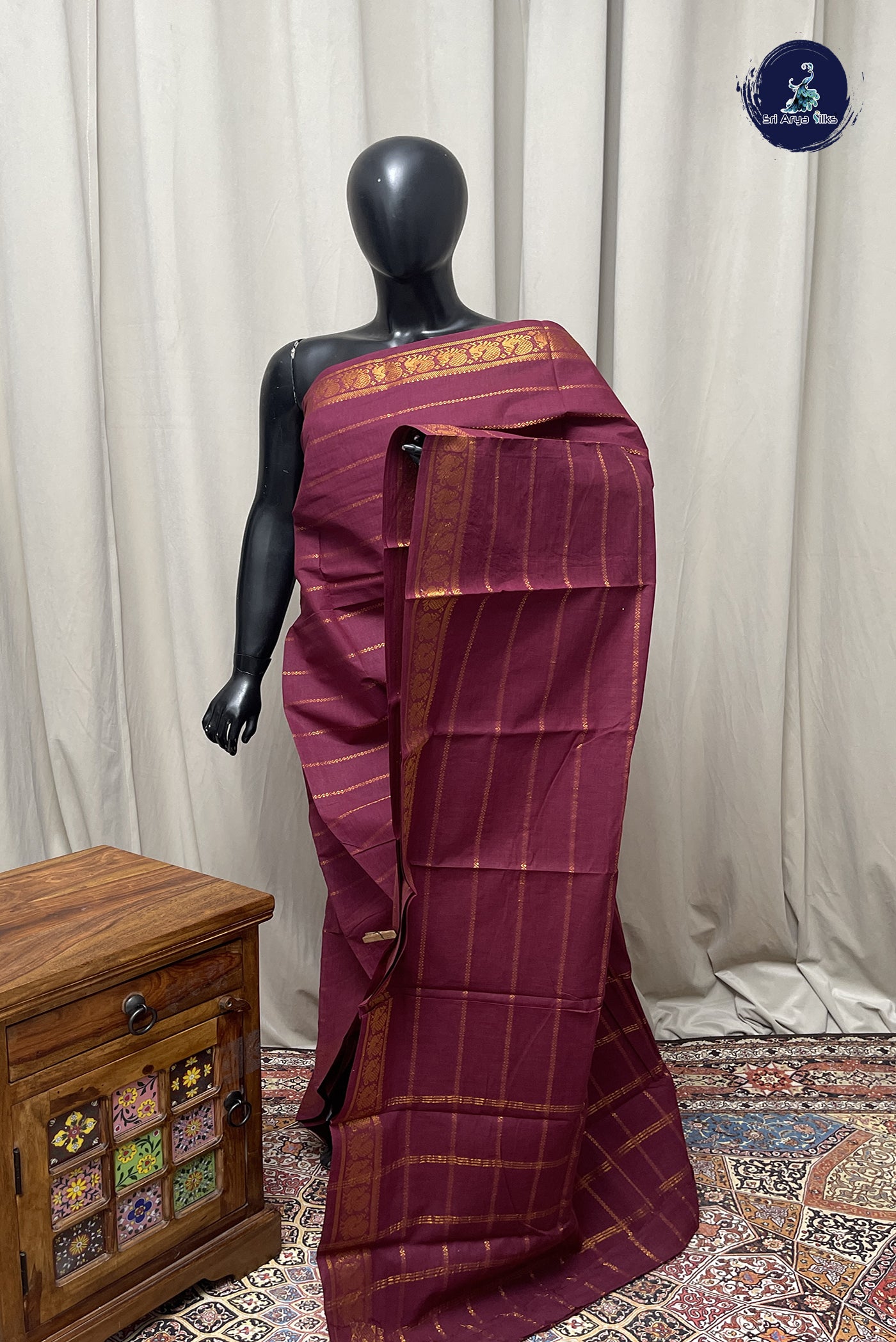 Purple Cotton Saree With Veldhari Stripes Pattern