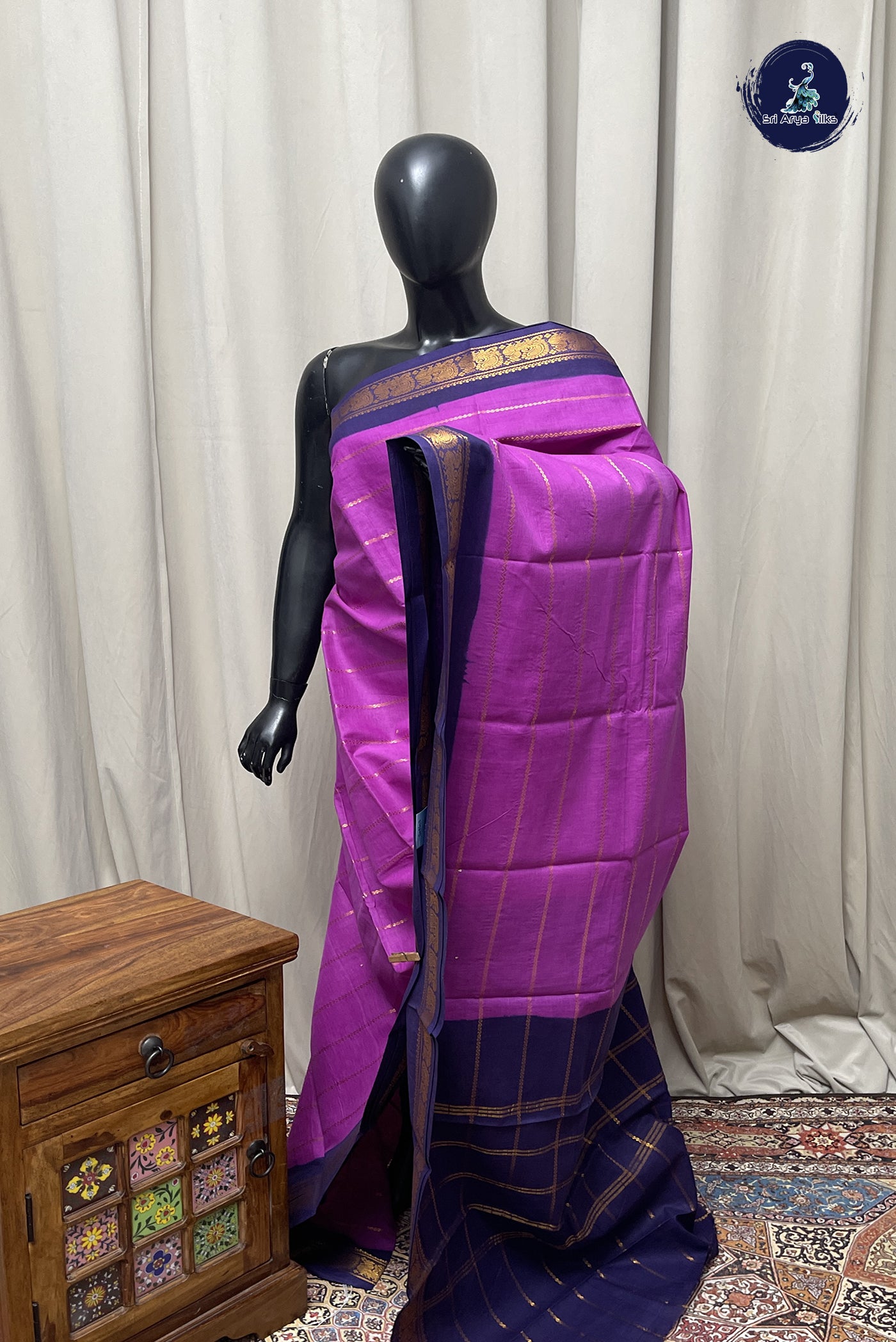 lavender Cotton Saree With Veldhari Stripes Pattern