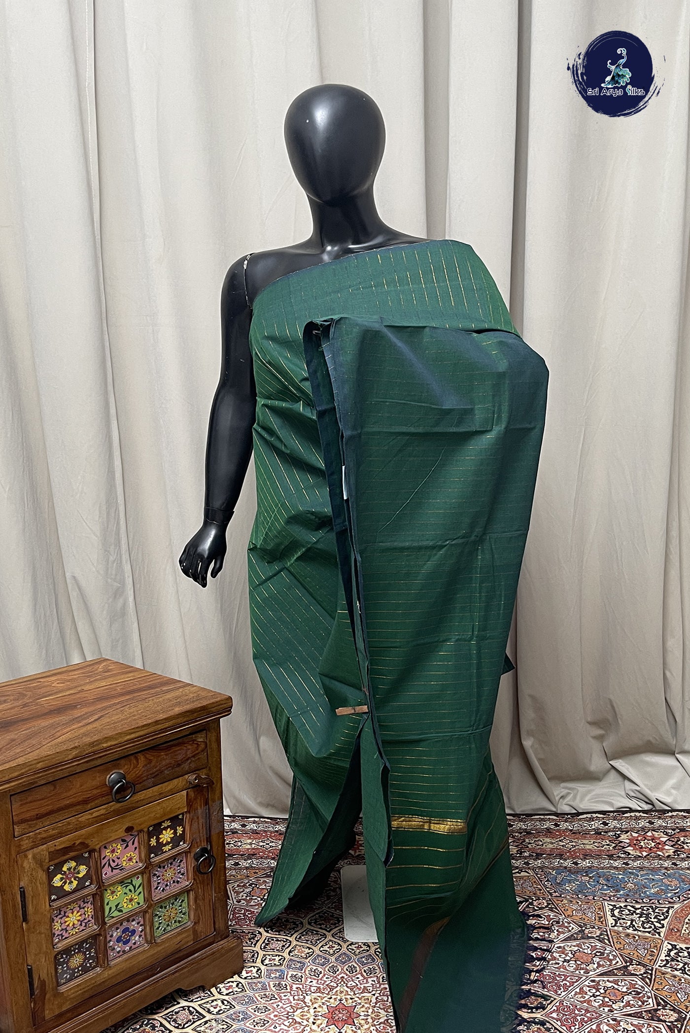 Dark Green Kanchi Cotton Saree With Stripes Pattern