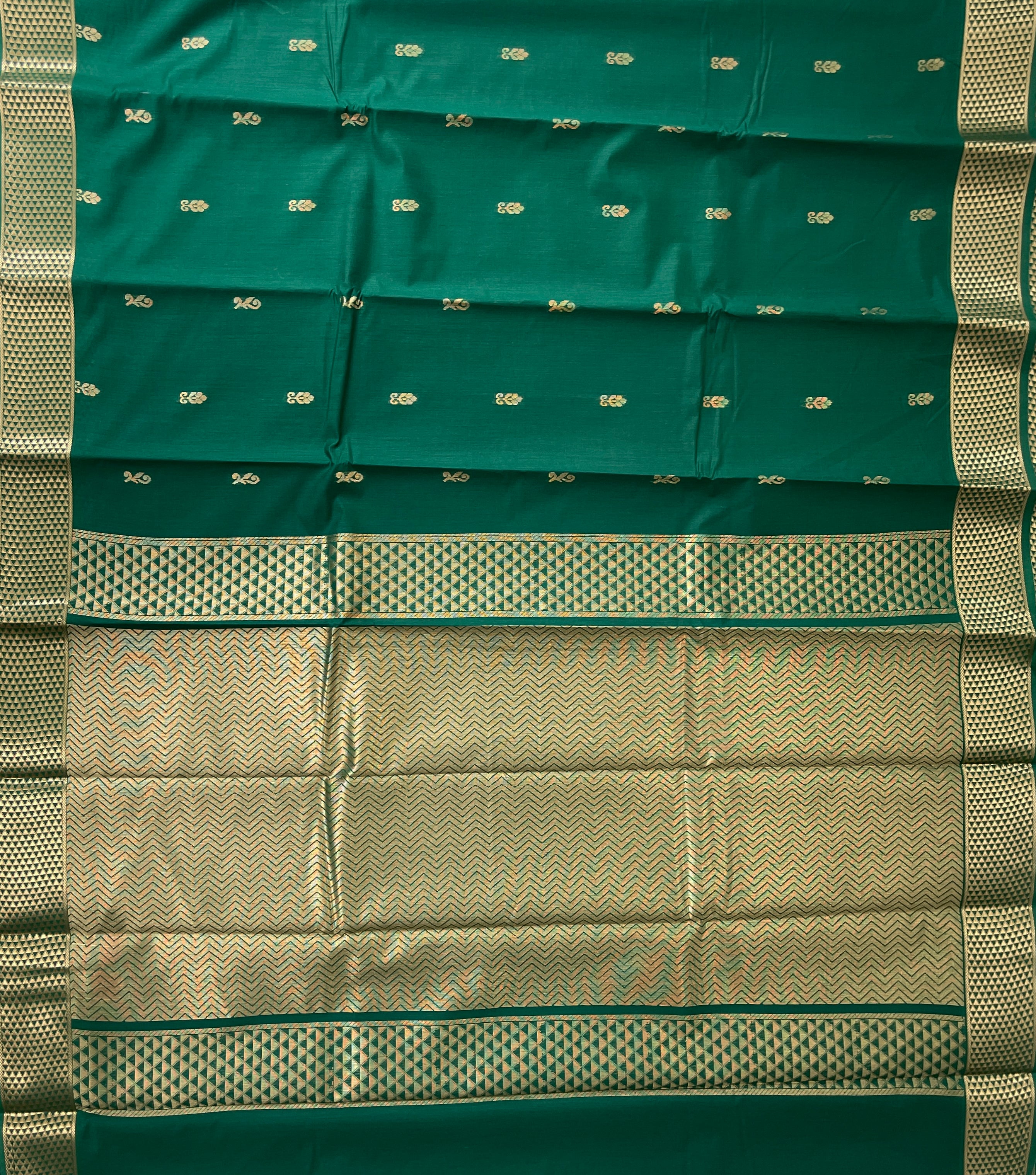 Bottle Green Budget Semi Silk Cotton Saree With Zari Buttas Pattern