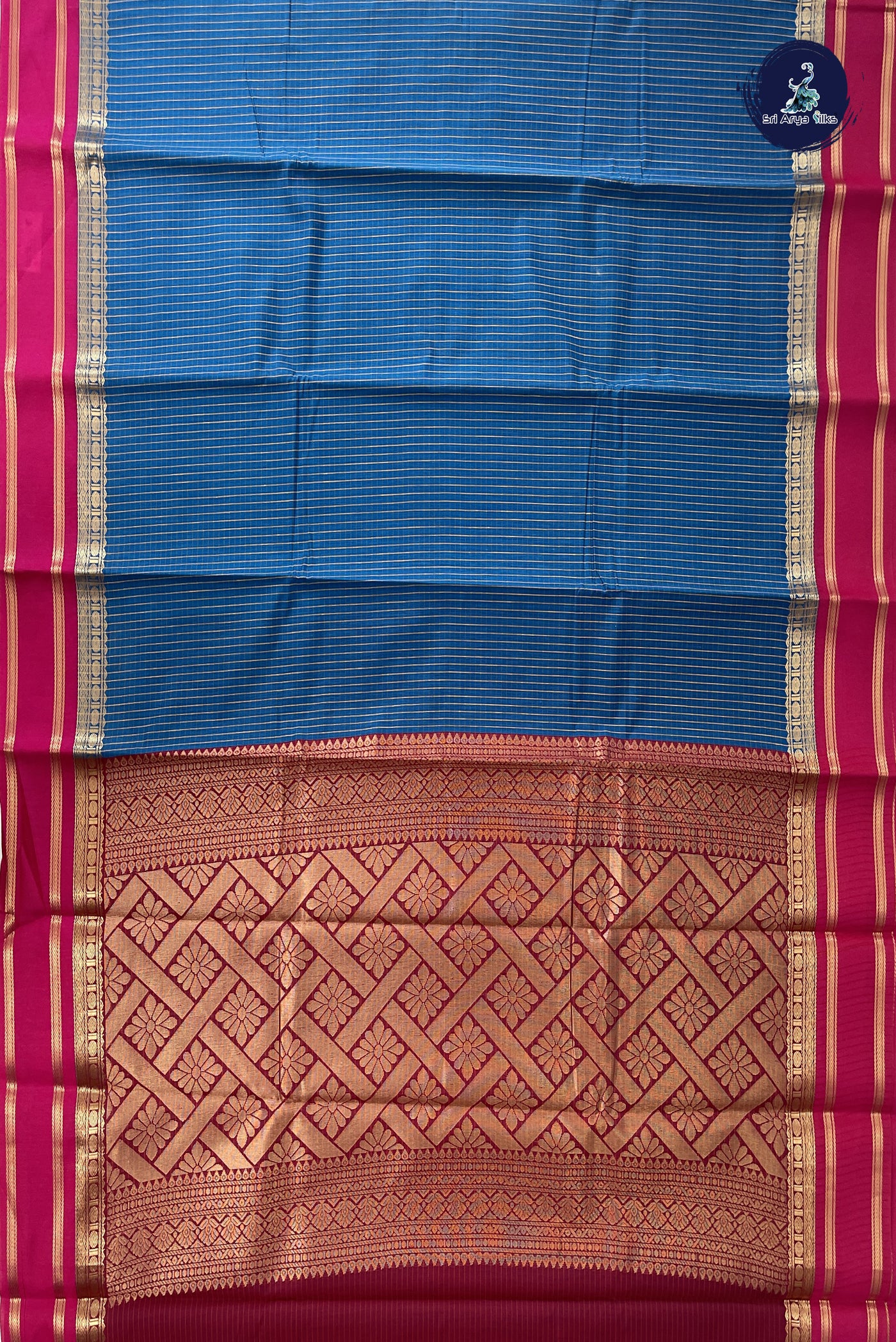 Sapphire Blue Budget Semi Silk Cotton Saree With Checked Pattern