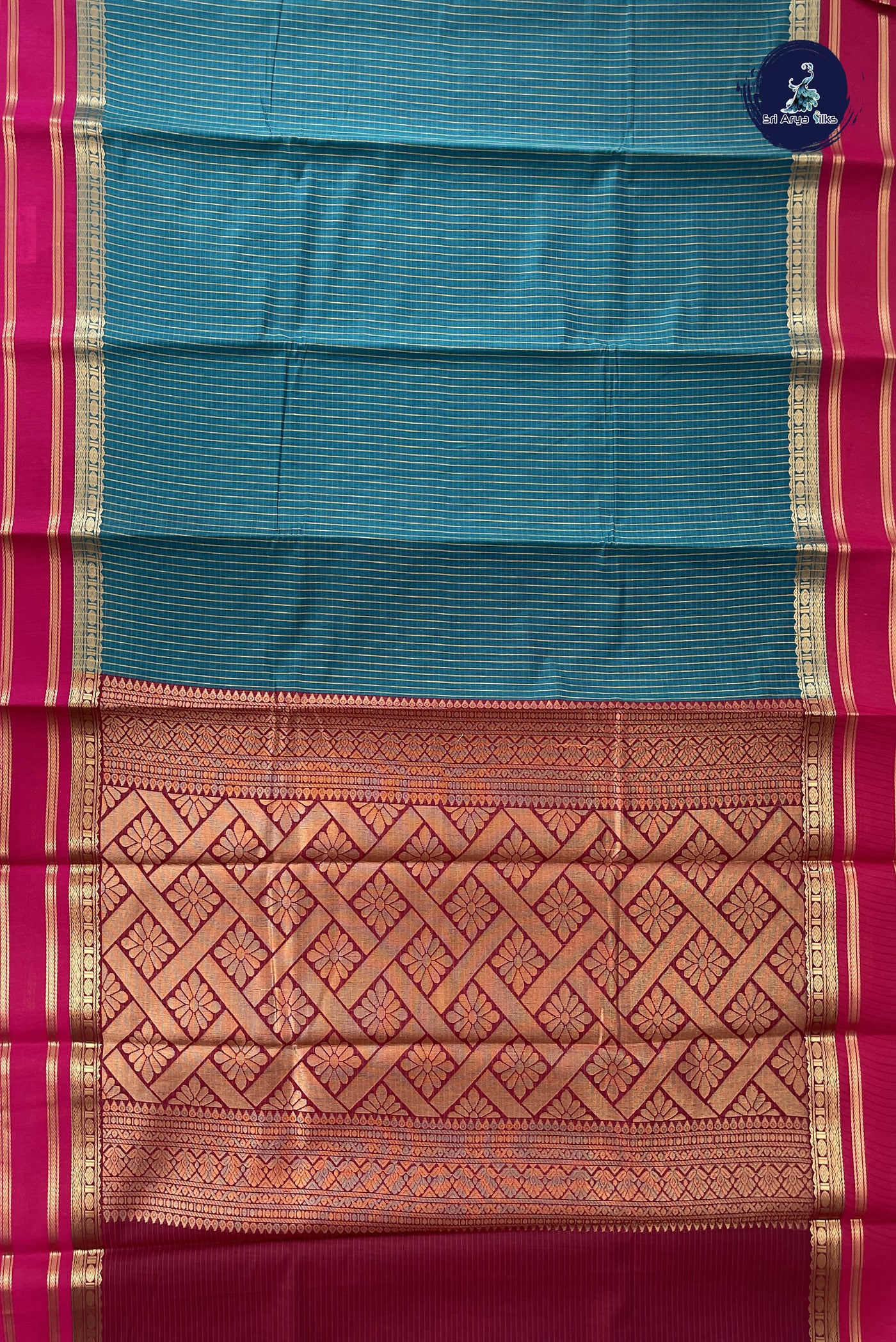 Sapphire Green Budget Semi Silk Cotton Saree With Checked Pattern