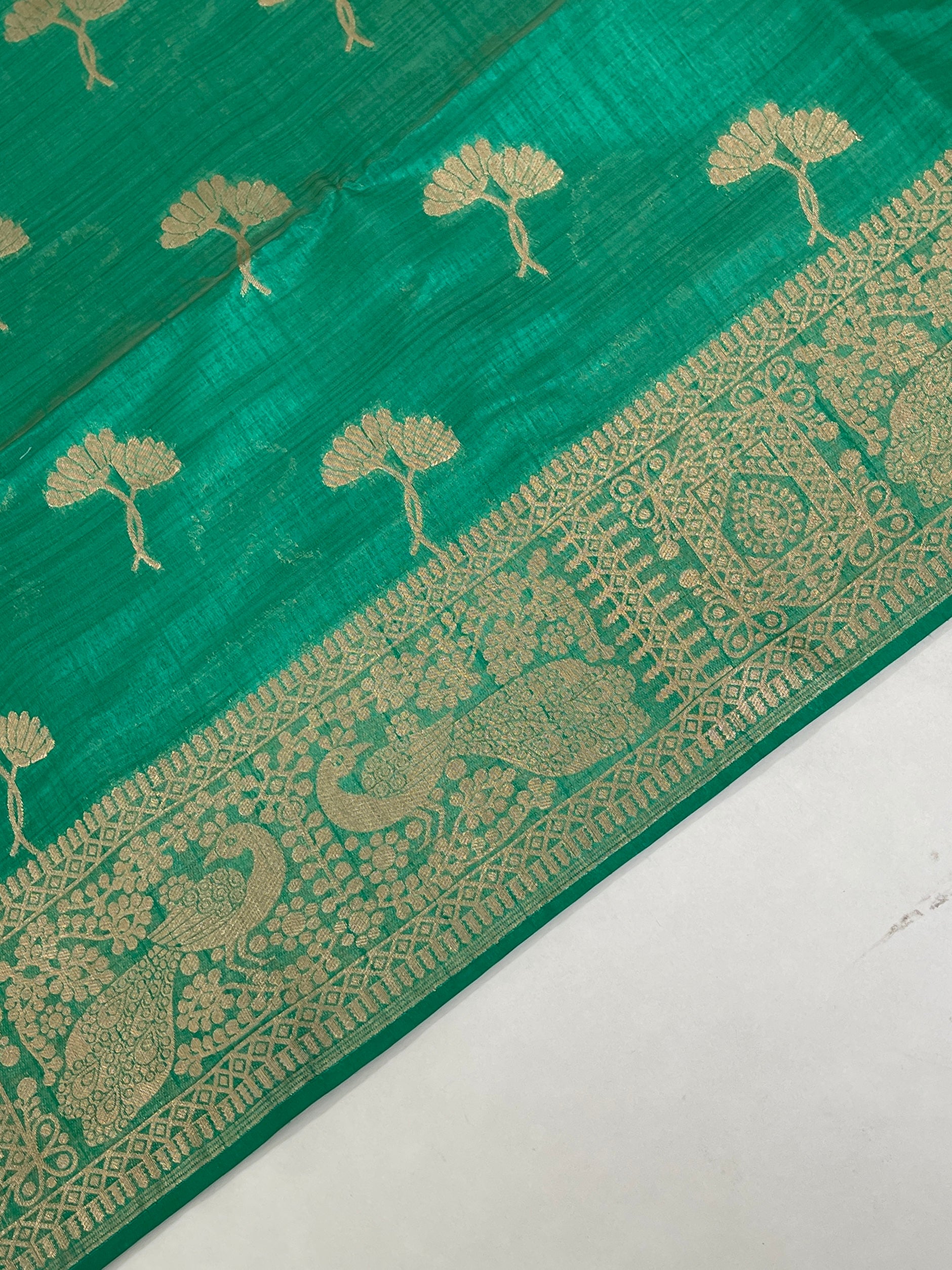 Green Semi Tussar Saree With Zari Buttas Pattern