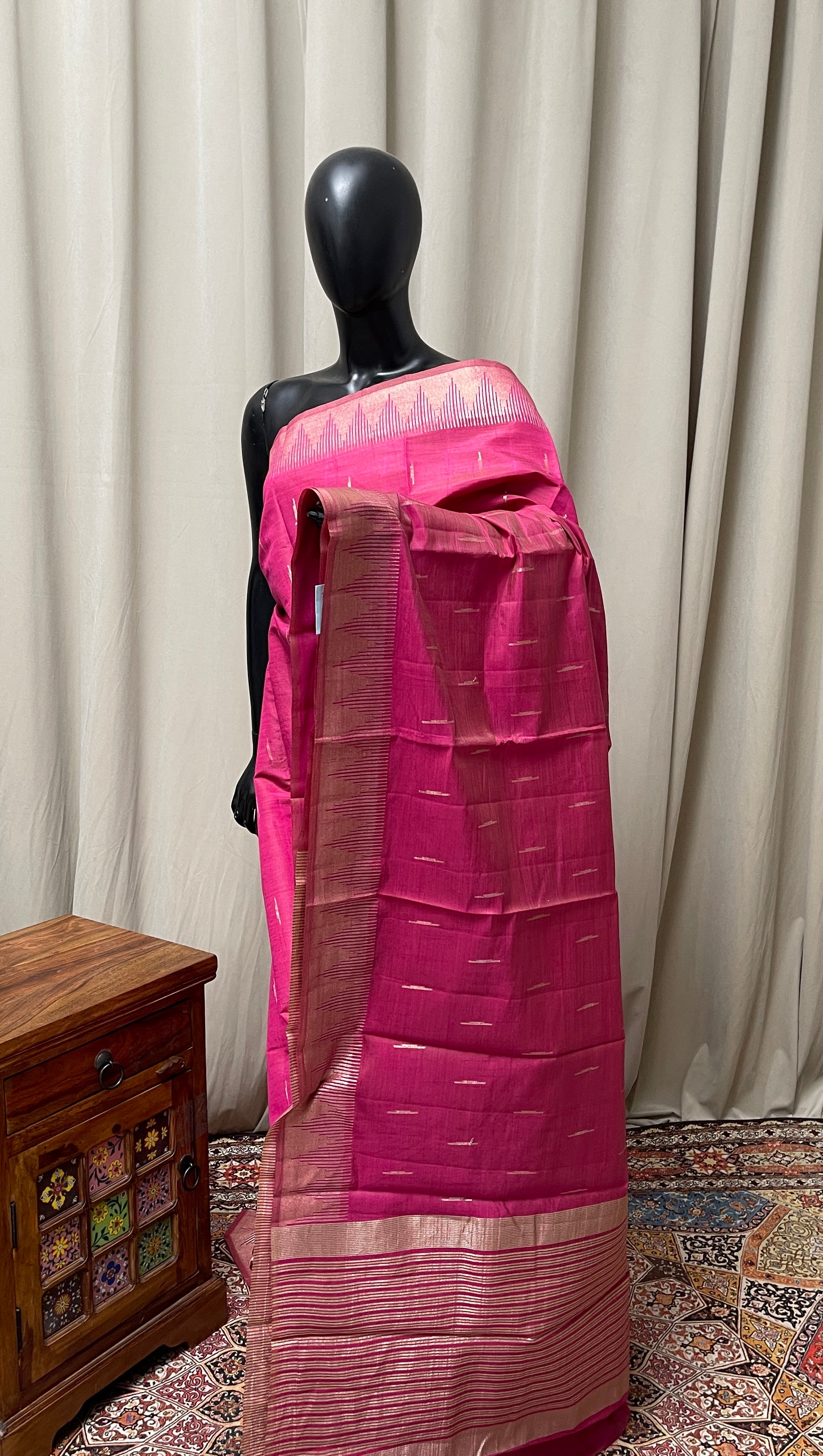 Dark Pink Semi Tussar Saree With Zari Buttas Pattern