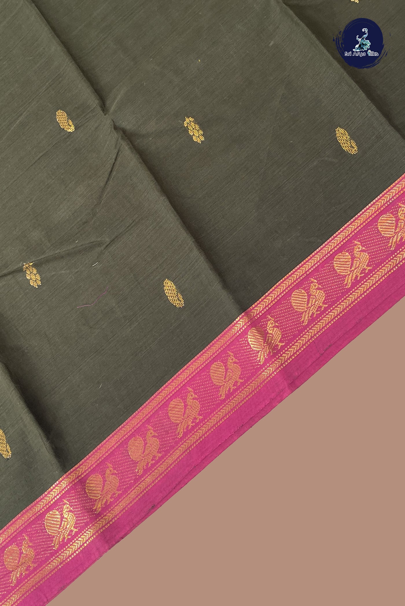 Dark Green Kanchi Cotton Saree With Buttas Pattern