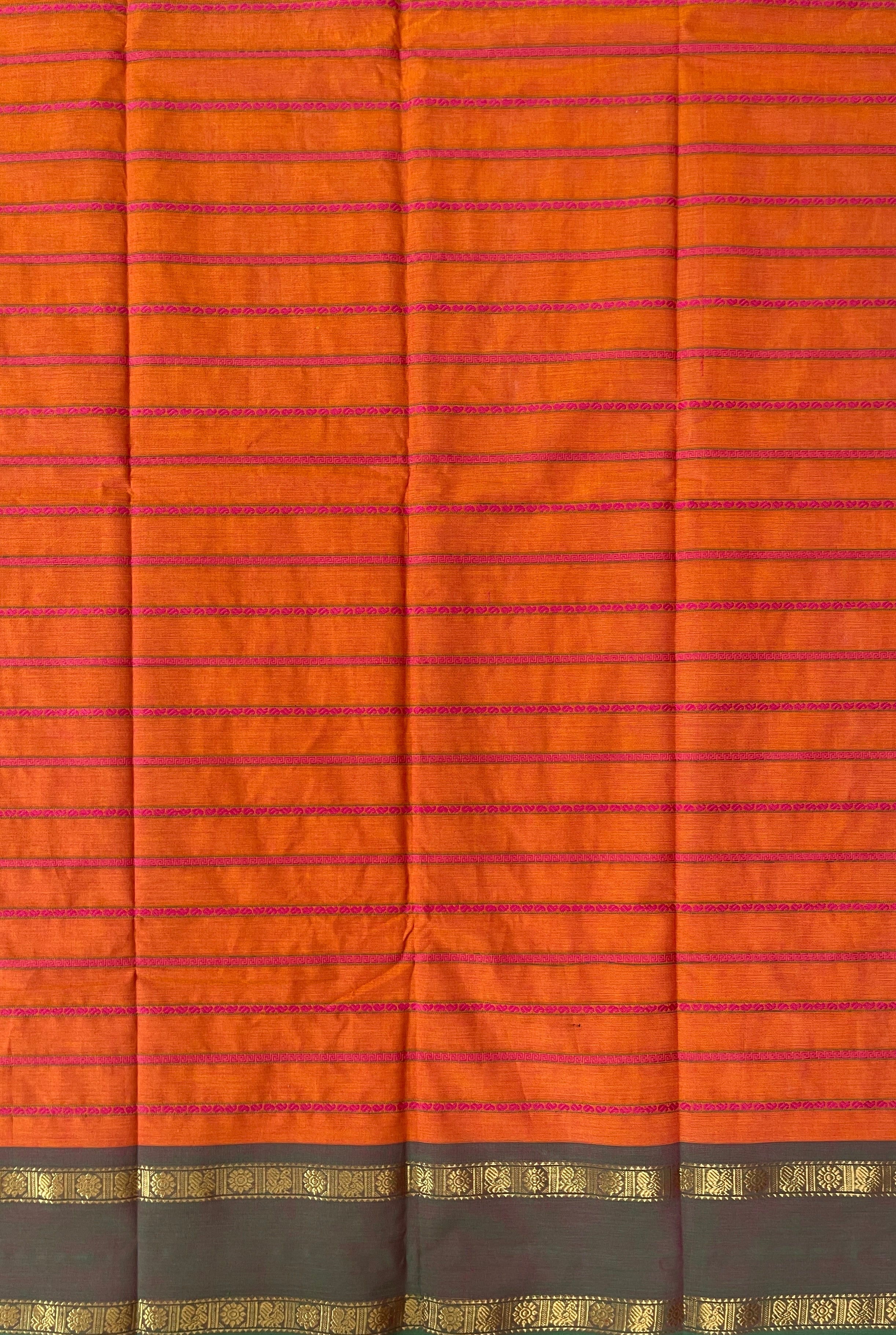 Orange Kanchi Cotton Saree With Veldhari Stripes Pattern