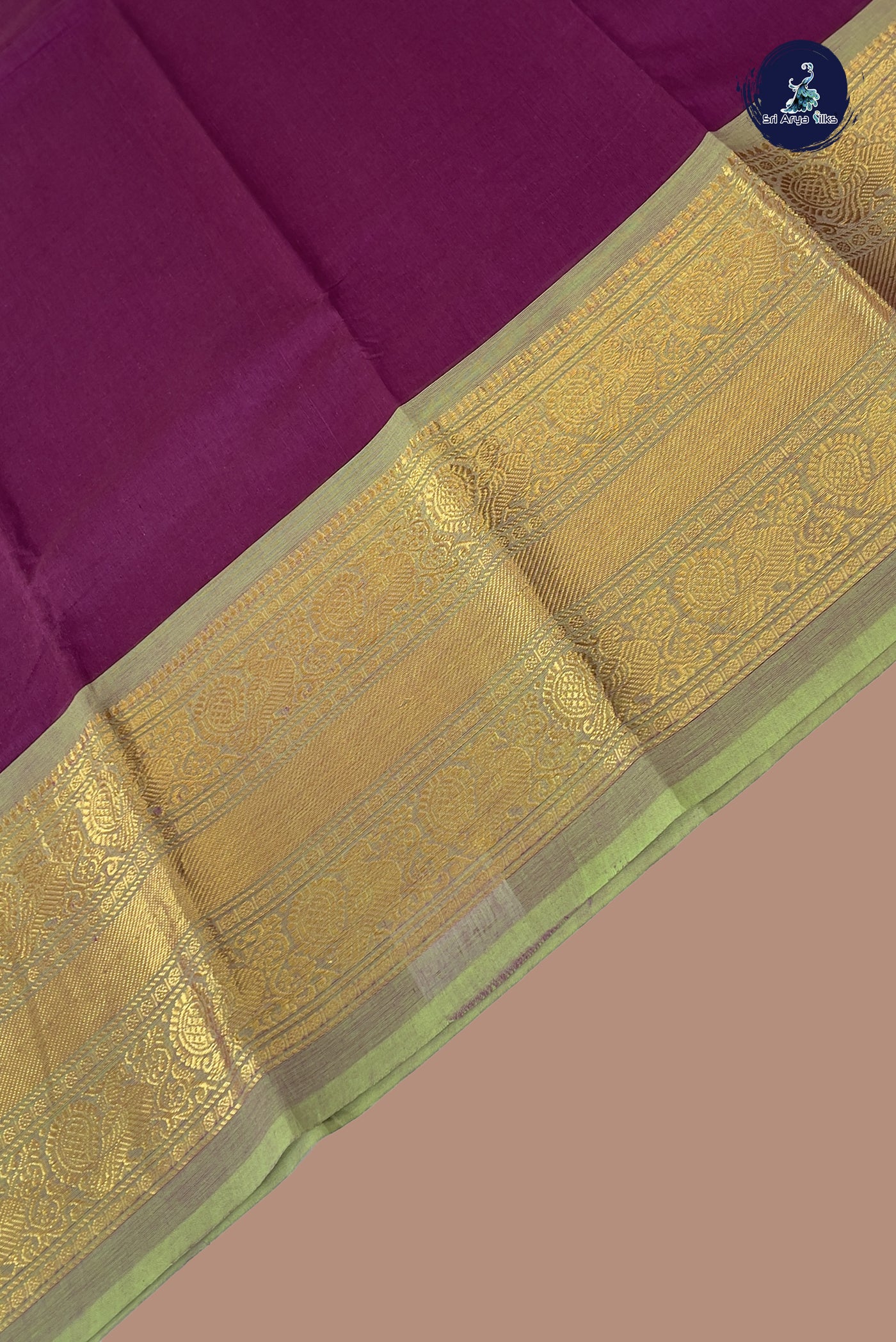 Dark Plum Kanchi Cotton Saree With Plain Pattern