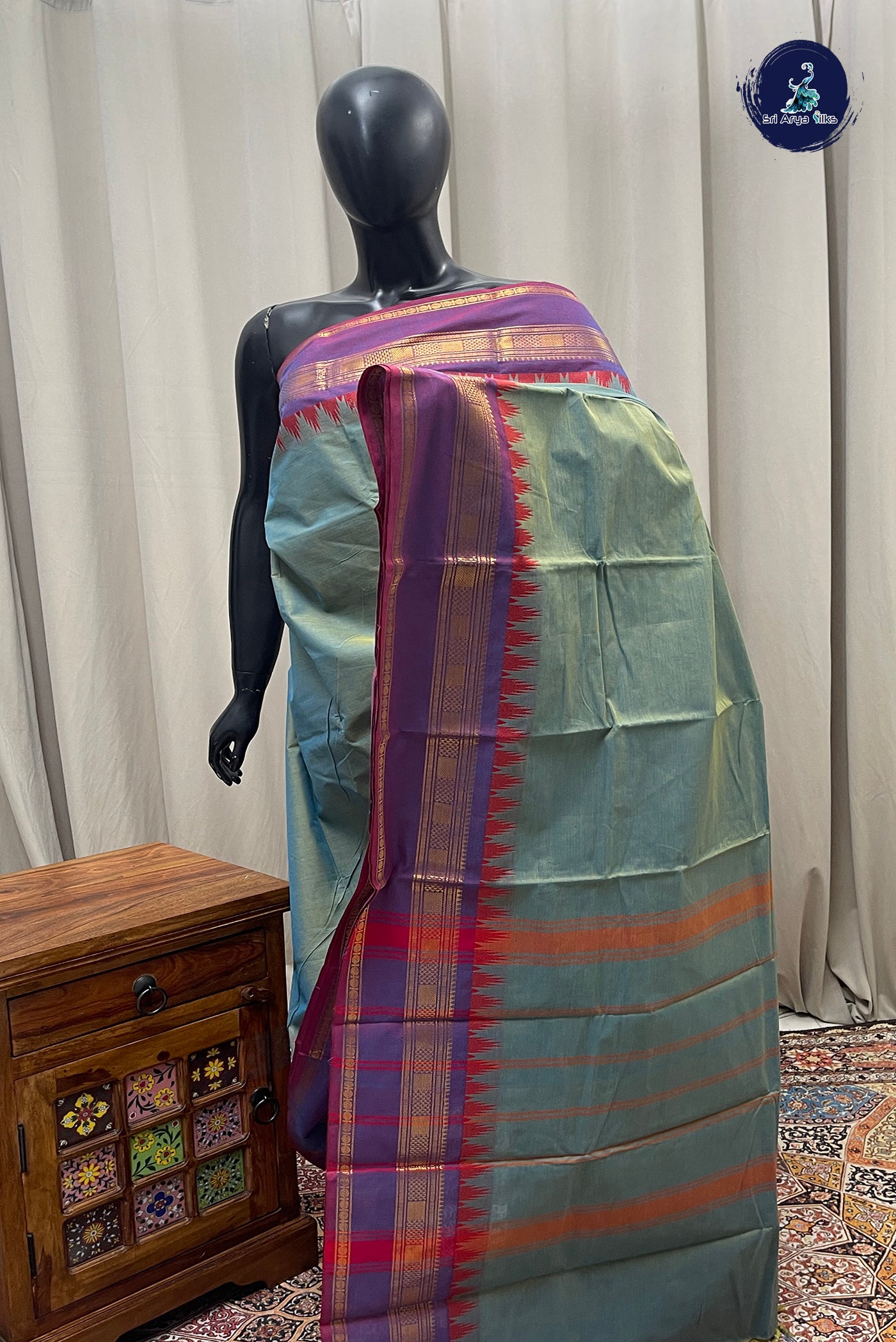 Greenish Blue Kanchi Cotton Saree With Plain Pattern
