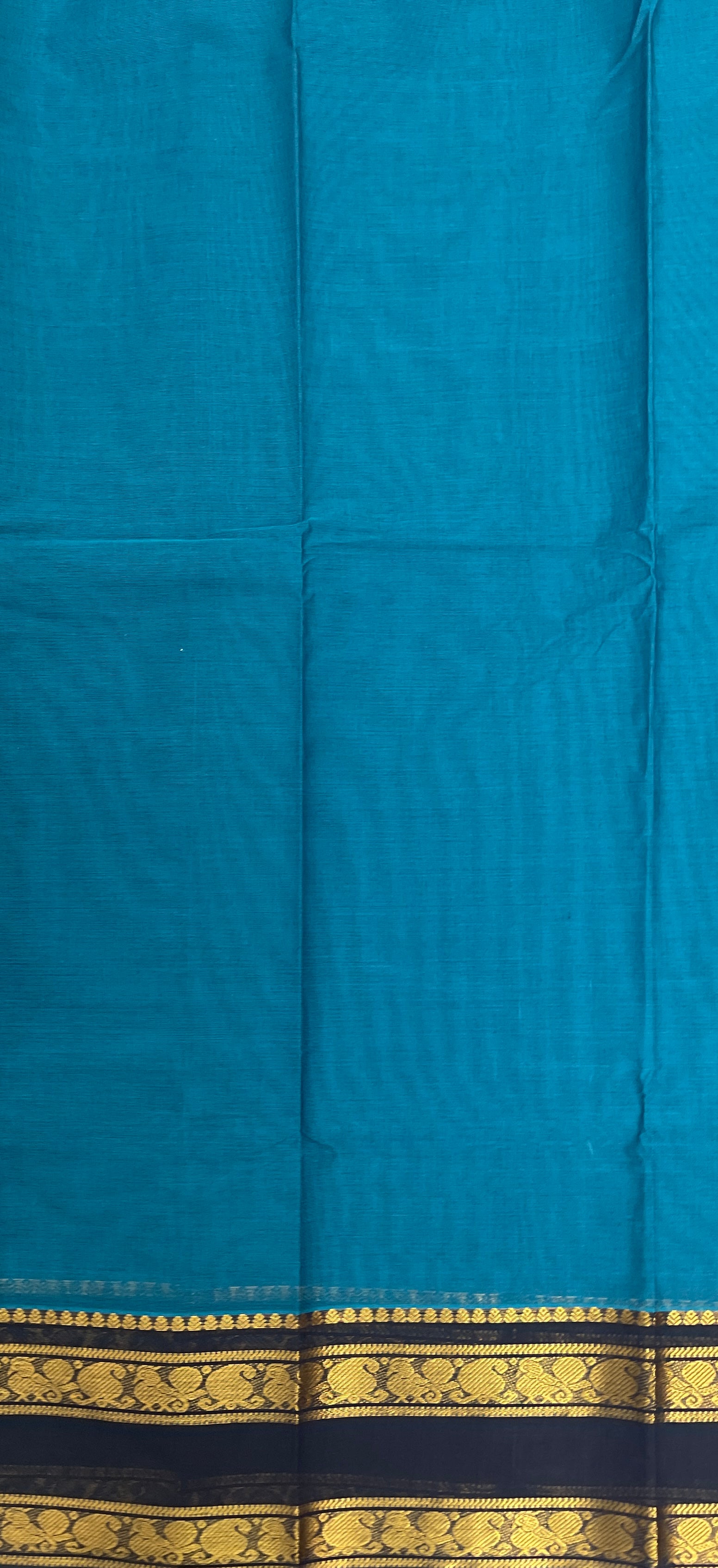 Peacock Blue Kanchi Cotton Saree With Plain Pattern
