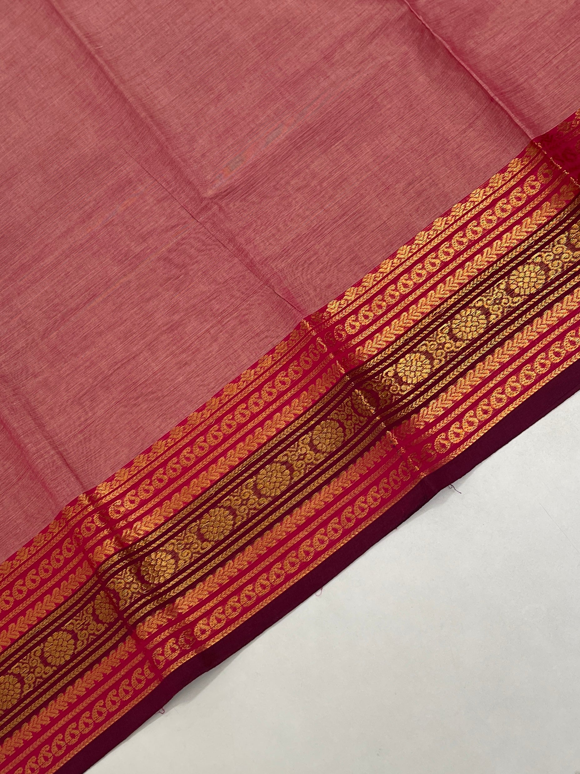 Peach Pink Kanchi Cotton Saree With Plain Pattern