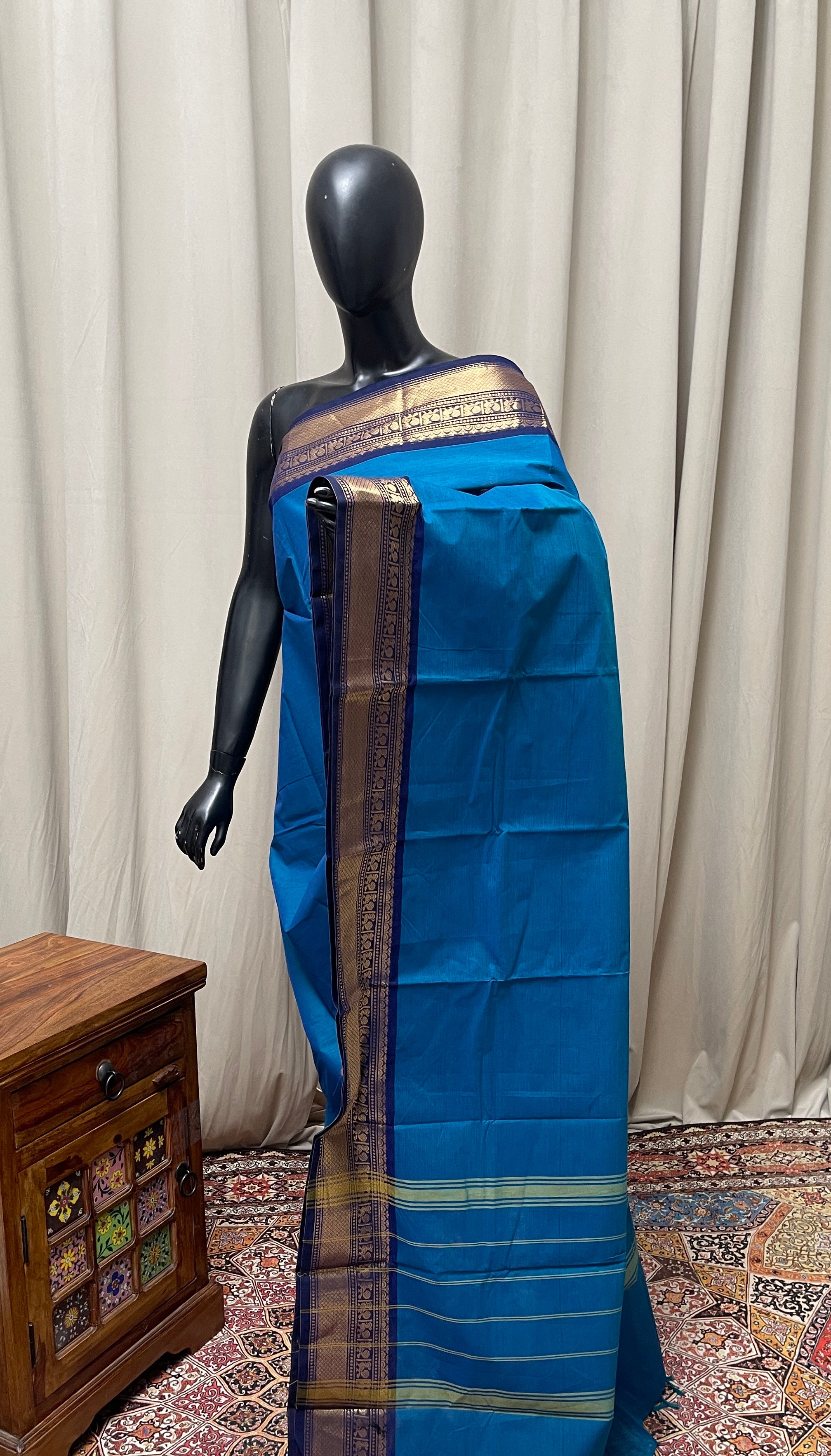 Blue Kanchi Cotton Saree With Plain Pattern