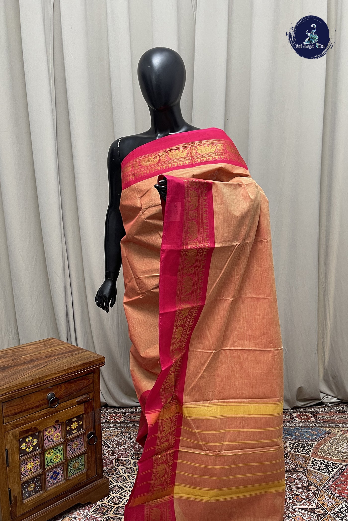 Light Orange Kanchi Cotton Saree With Plain Pattern