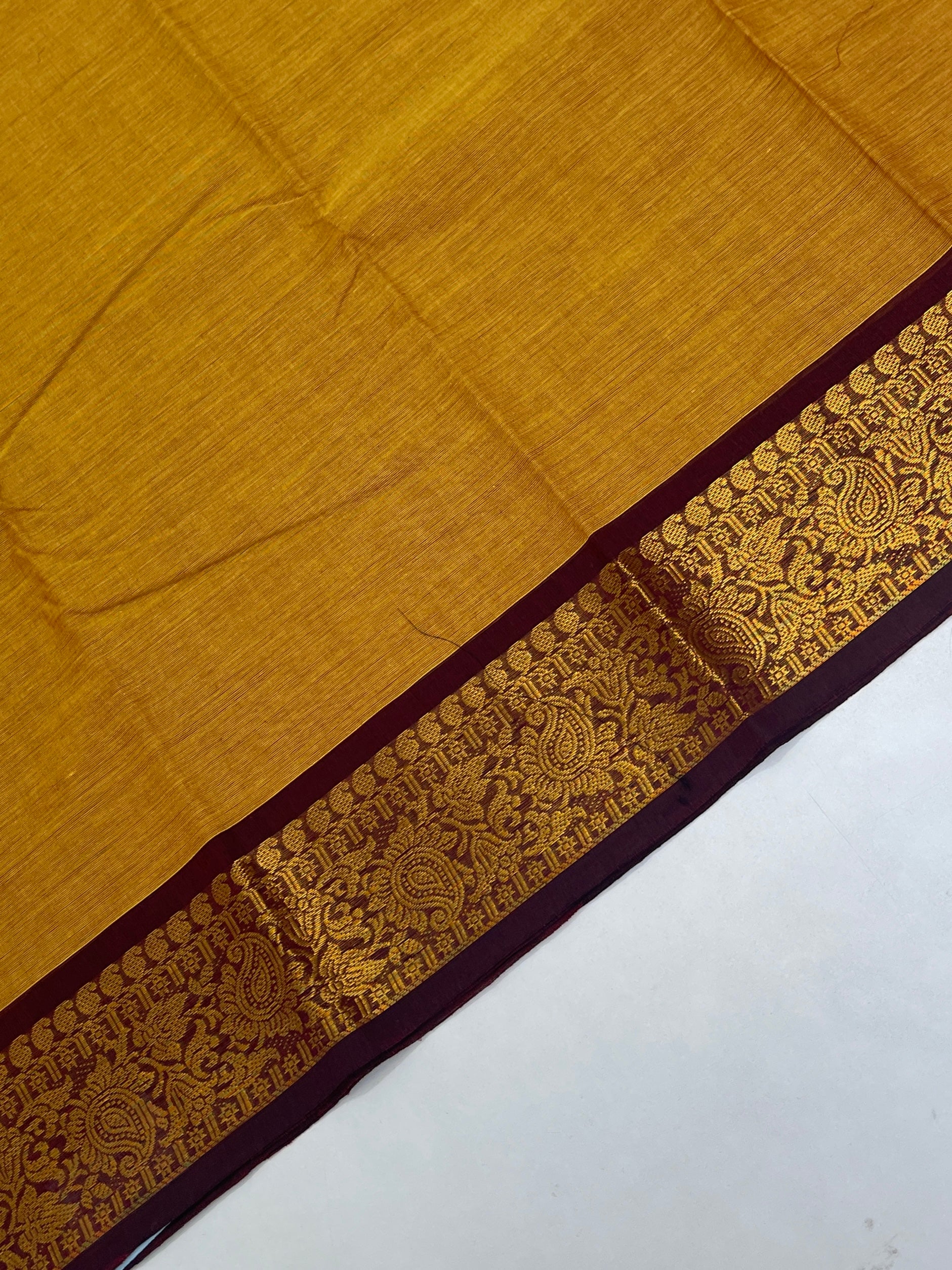 Mustard Kanchi Cotton Saree With Plain Pattern