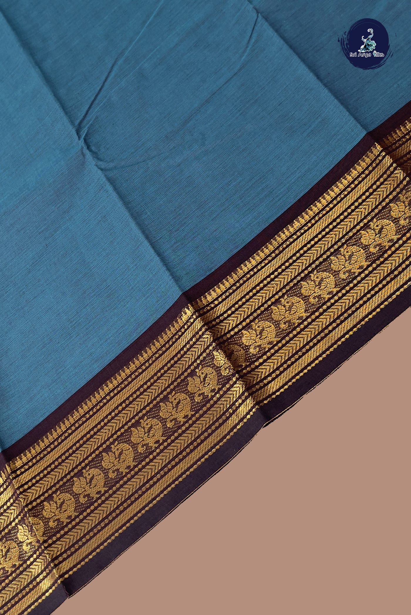 Peacock Blue Kanchi Cotton Saree With Plain Pattern