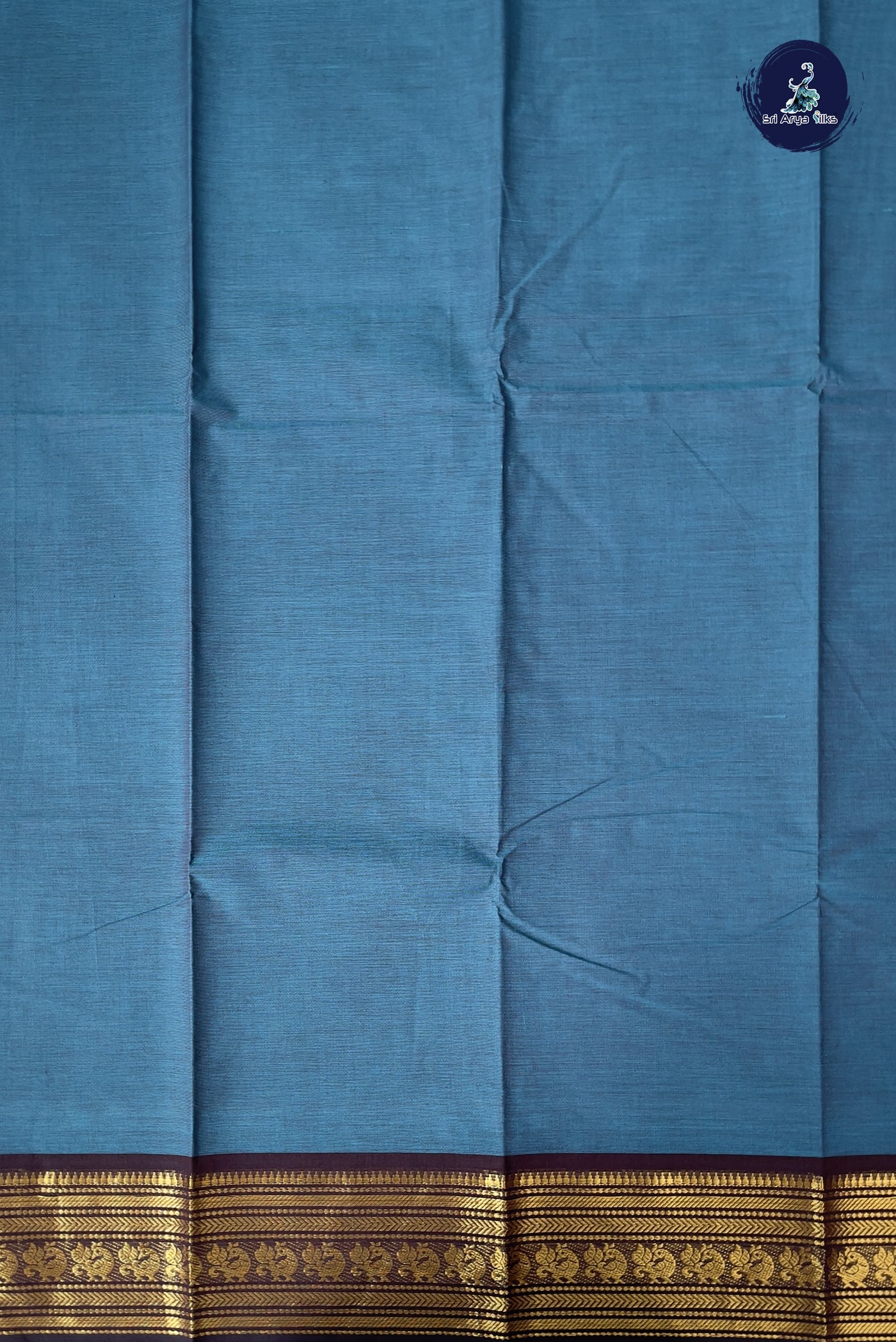 Peacock Blue Kanchi Cotton Saree With Plain Pattern