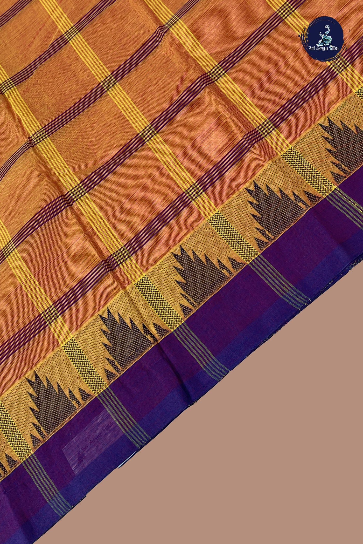 Lite Mustard Orange Chettinad Cotton Saree With Checked Pattern
