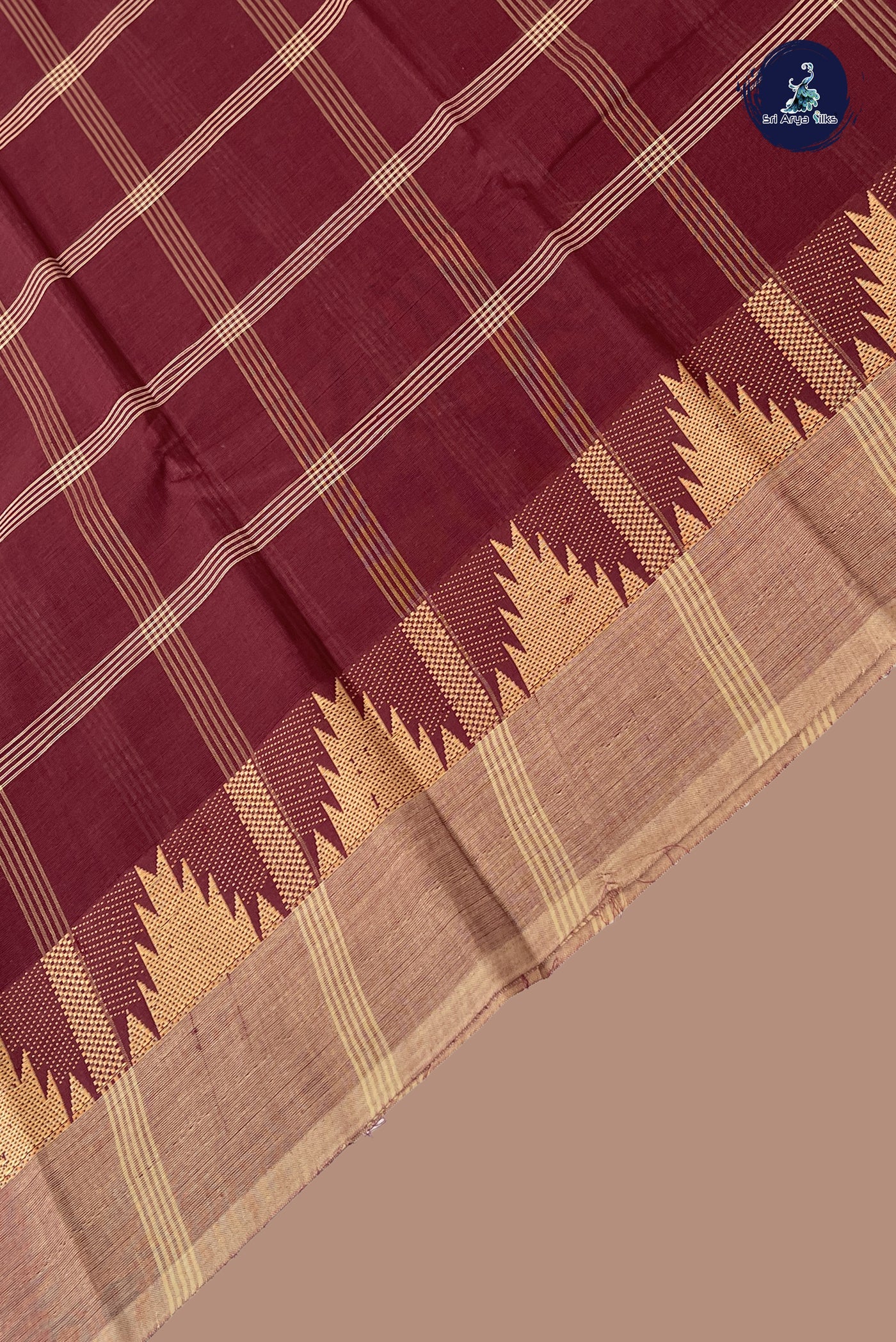 Brown Chettinad Cotton Saree With Checked Pattern