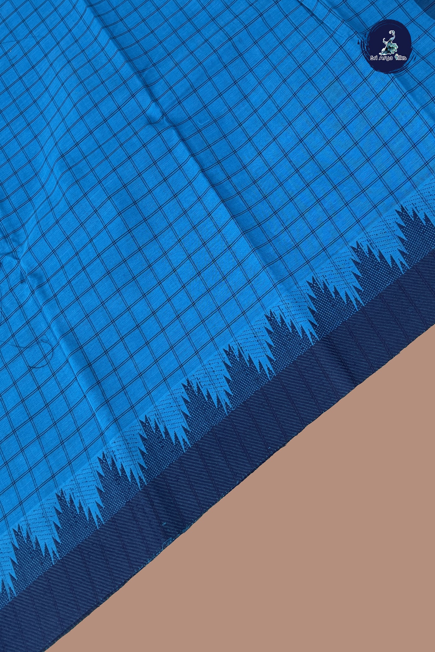 Copper Sulphate Blue Chettinad Cotton Saree With Checked Pattern
