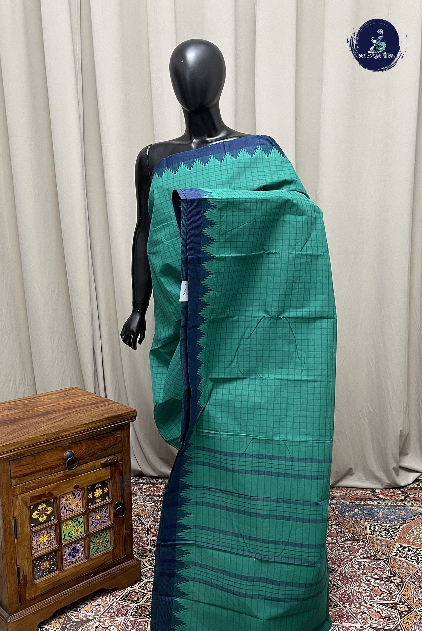 Teal Chettinad Cotton Saree With Checked Pattern