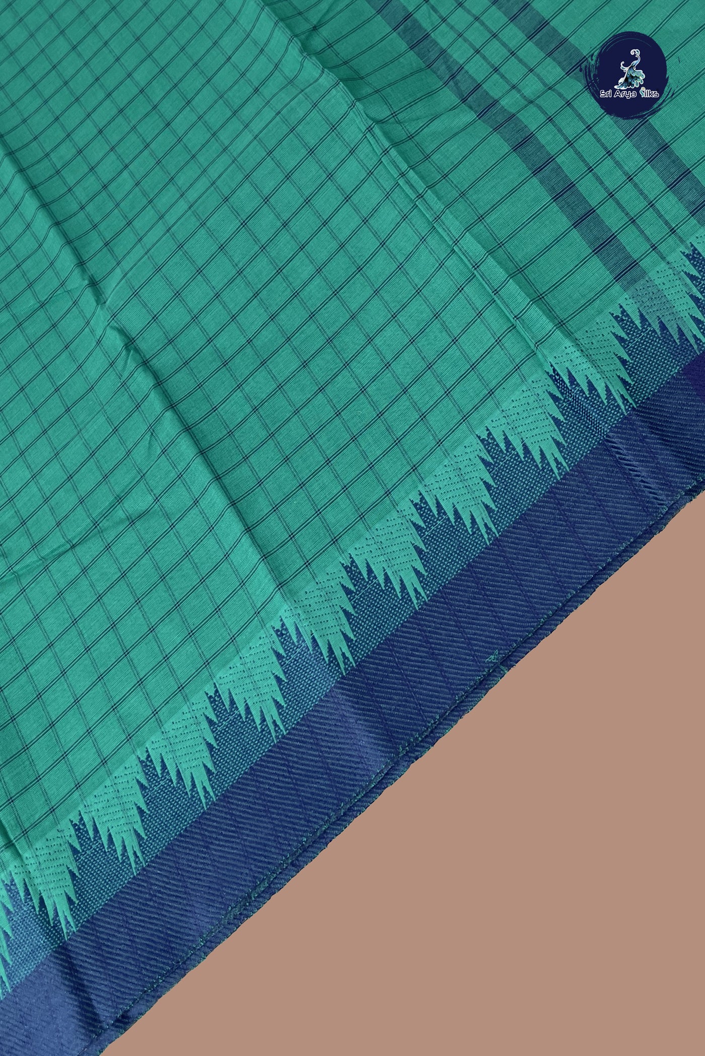 Teal Chettinad Cotton Saree With Checked Pattern