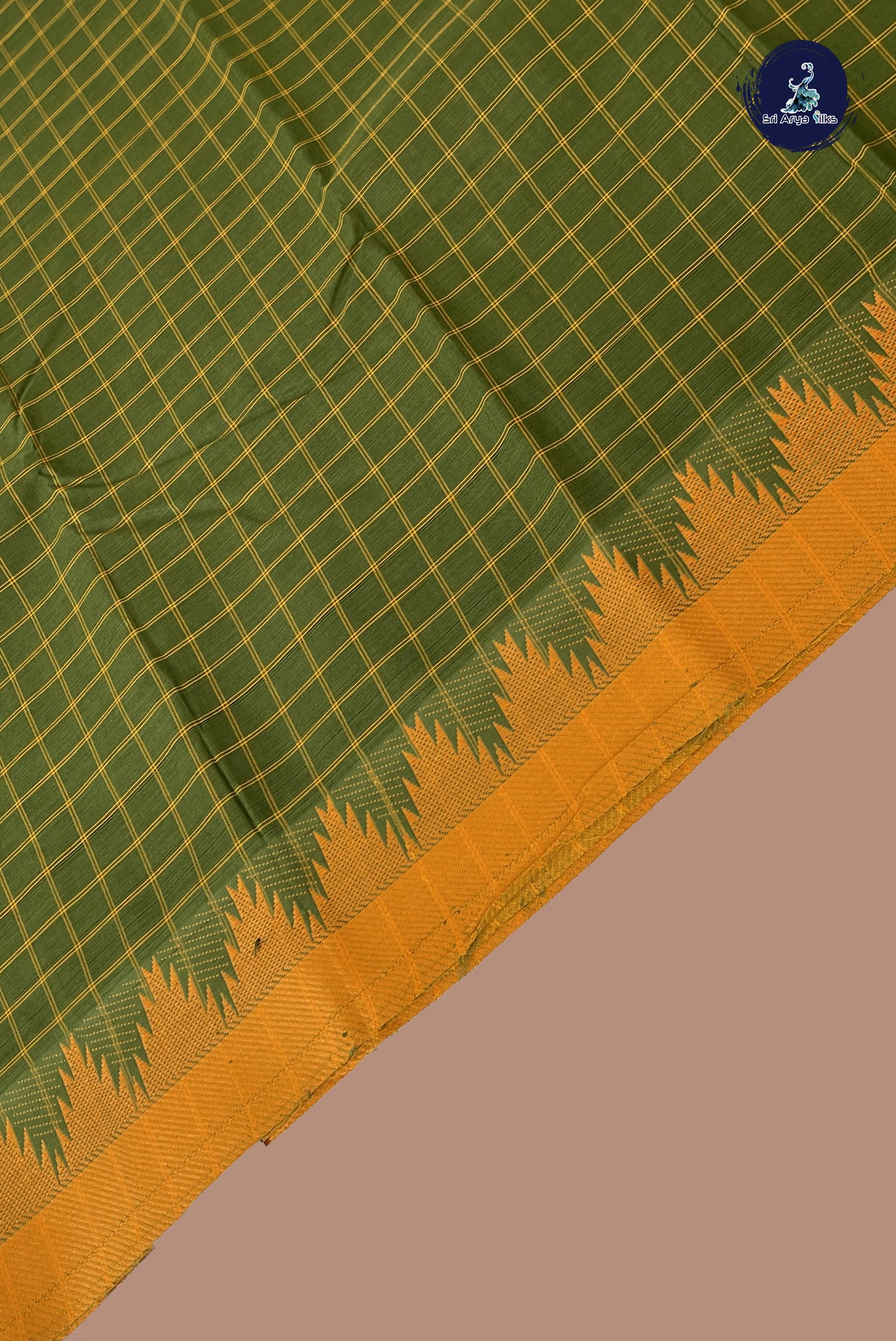 Mehendi Green Chettinad Cotton Saree With Checked Pattern