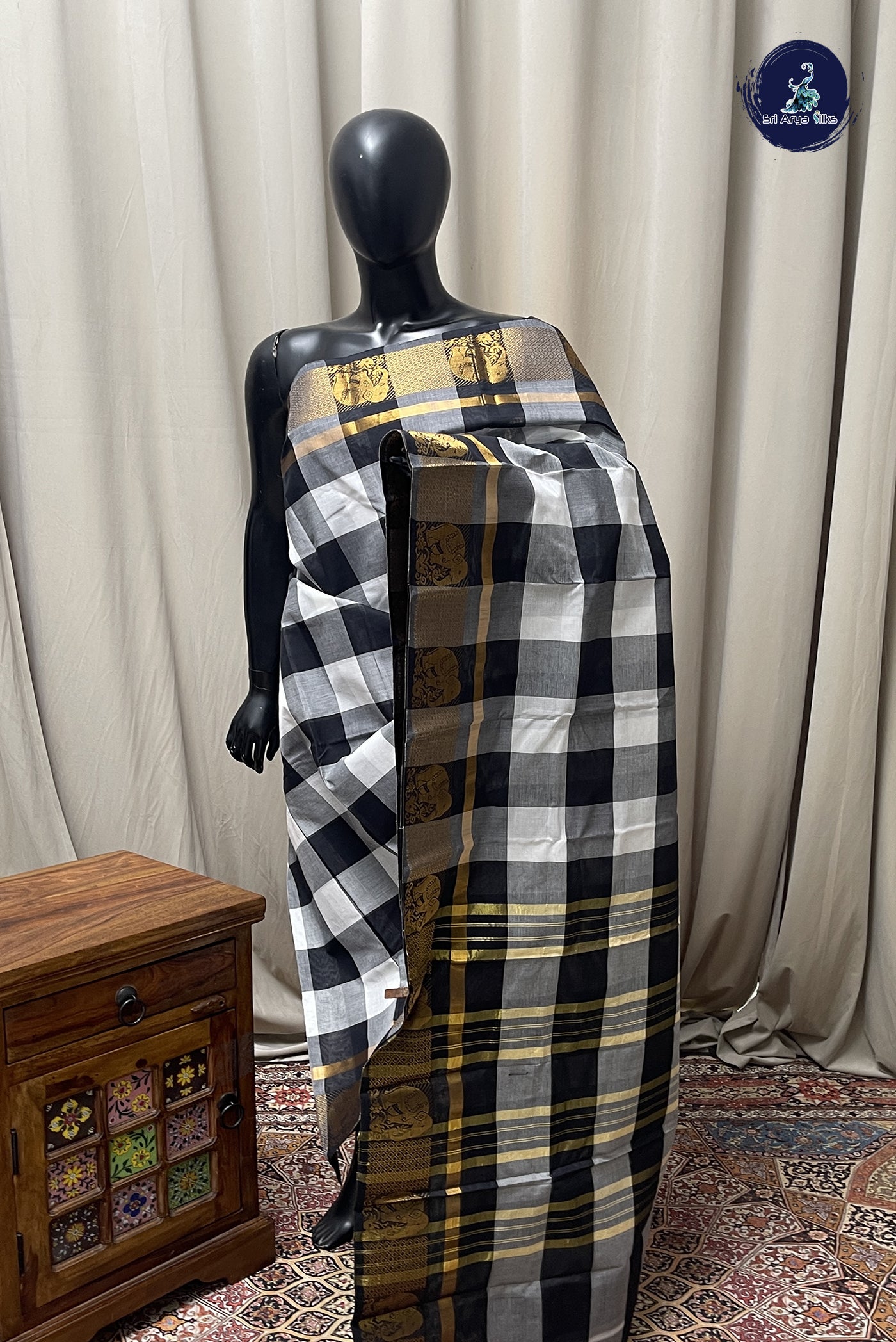 Multi Colour Chettinad Cotton Saree With Checked Pattern