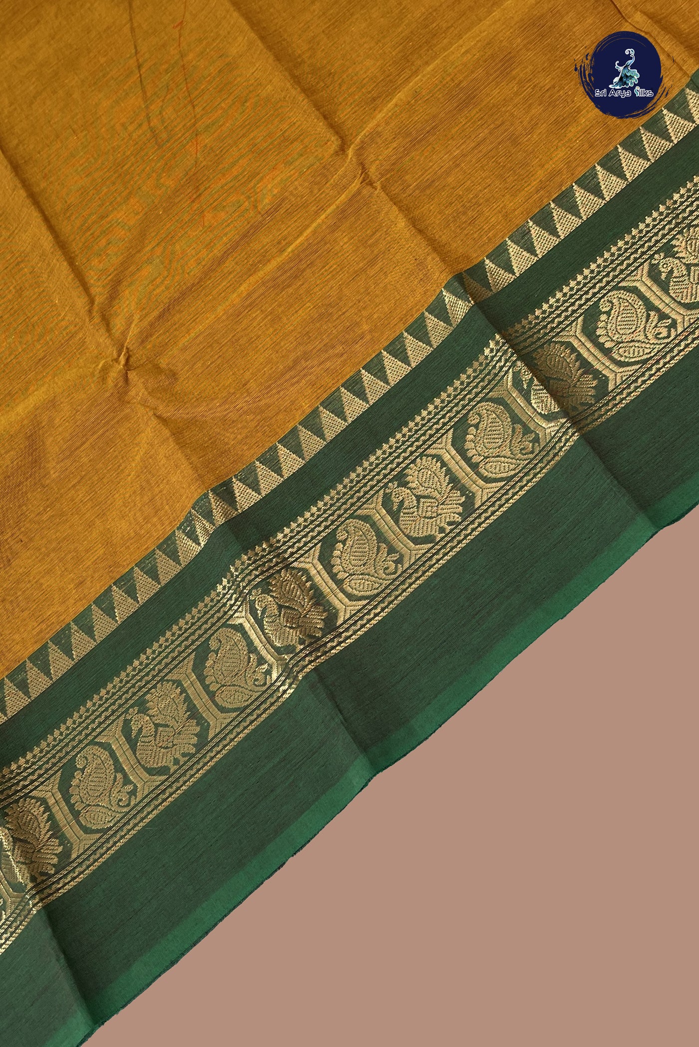 Mustard Yellow Chettinad Cotton Saree With Plain Pattern