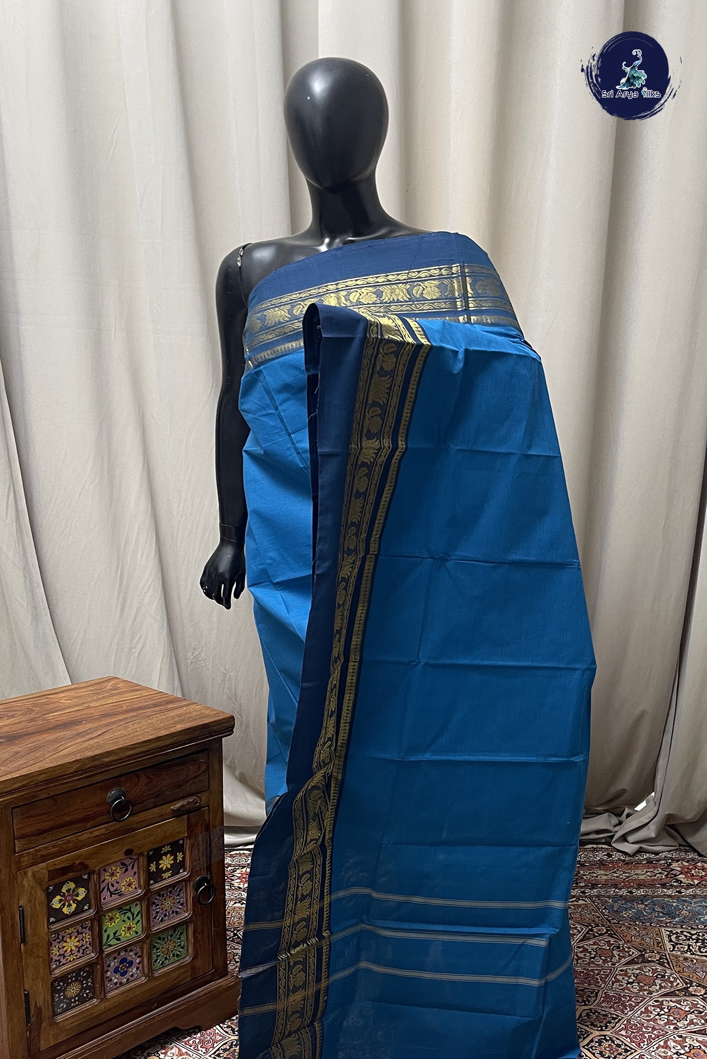 Copper Sulphate Blue Chettinad Cotton Saree With Plain Pattern