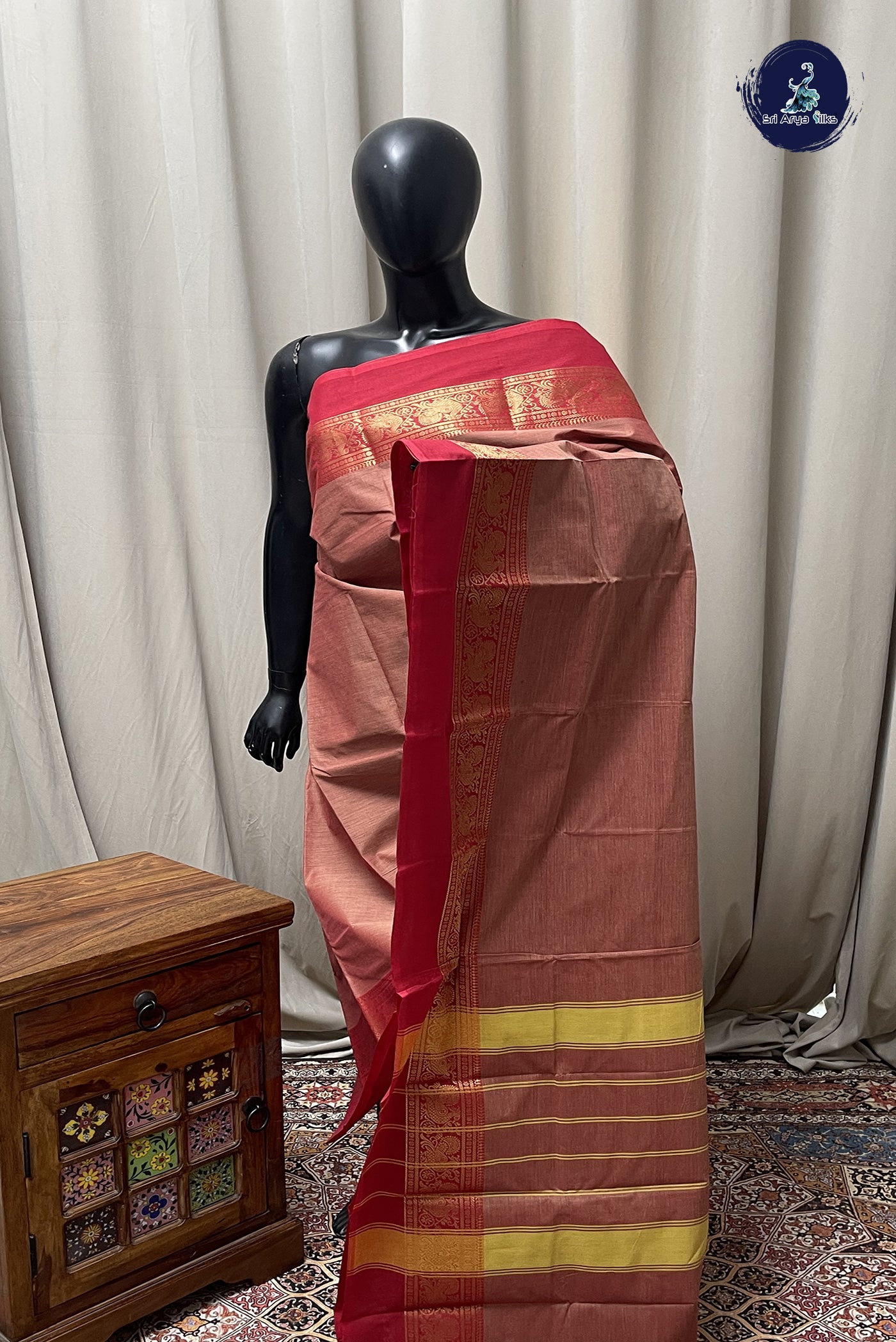 Light Brown Chettinad Cotton Saree With Plain Pattern