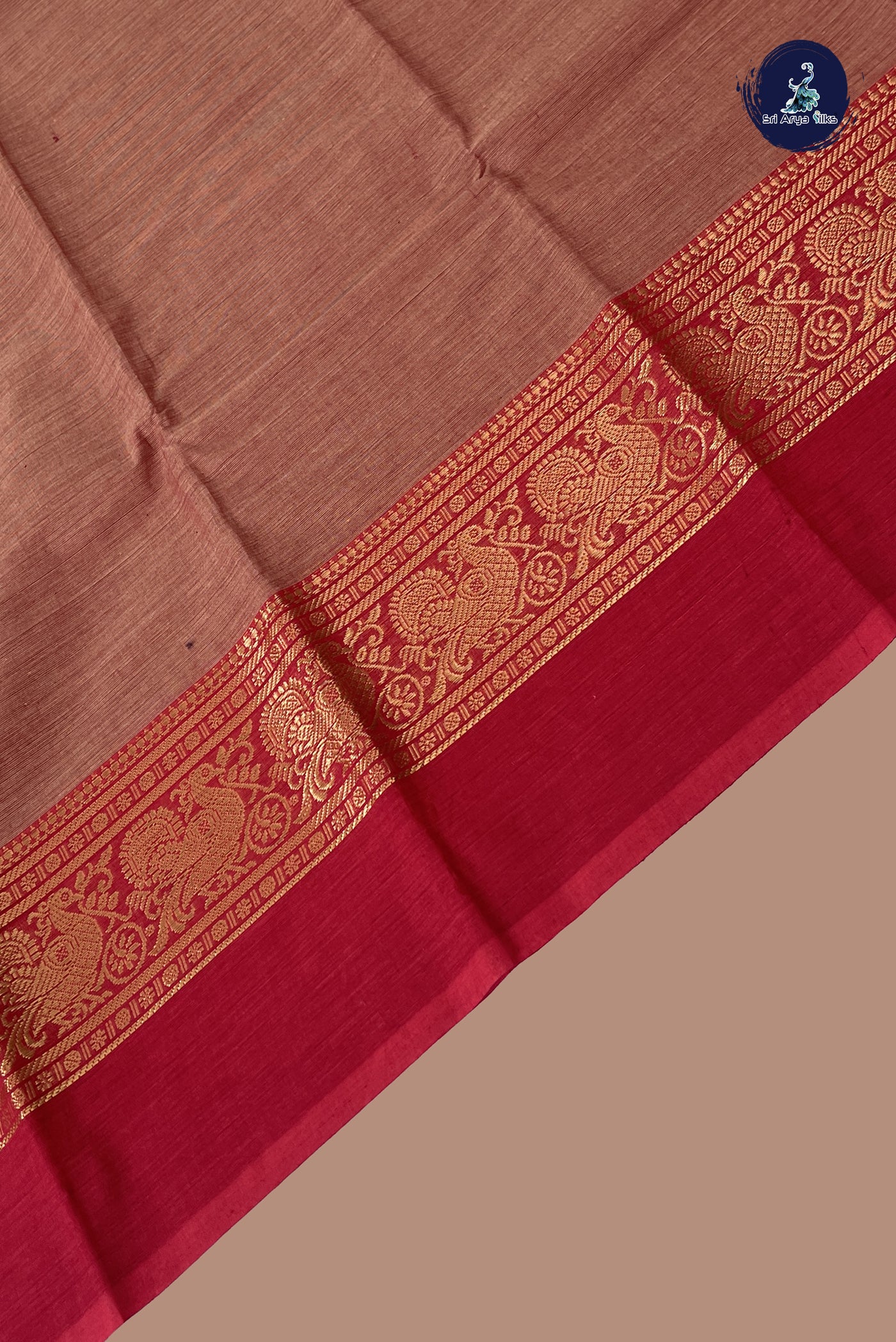 Light Brown Chettinad Cotton Saree With Plain Pattern