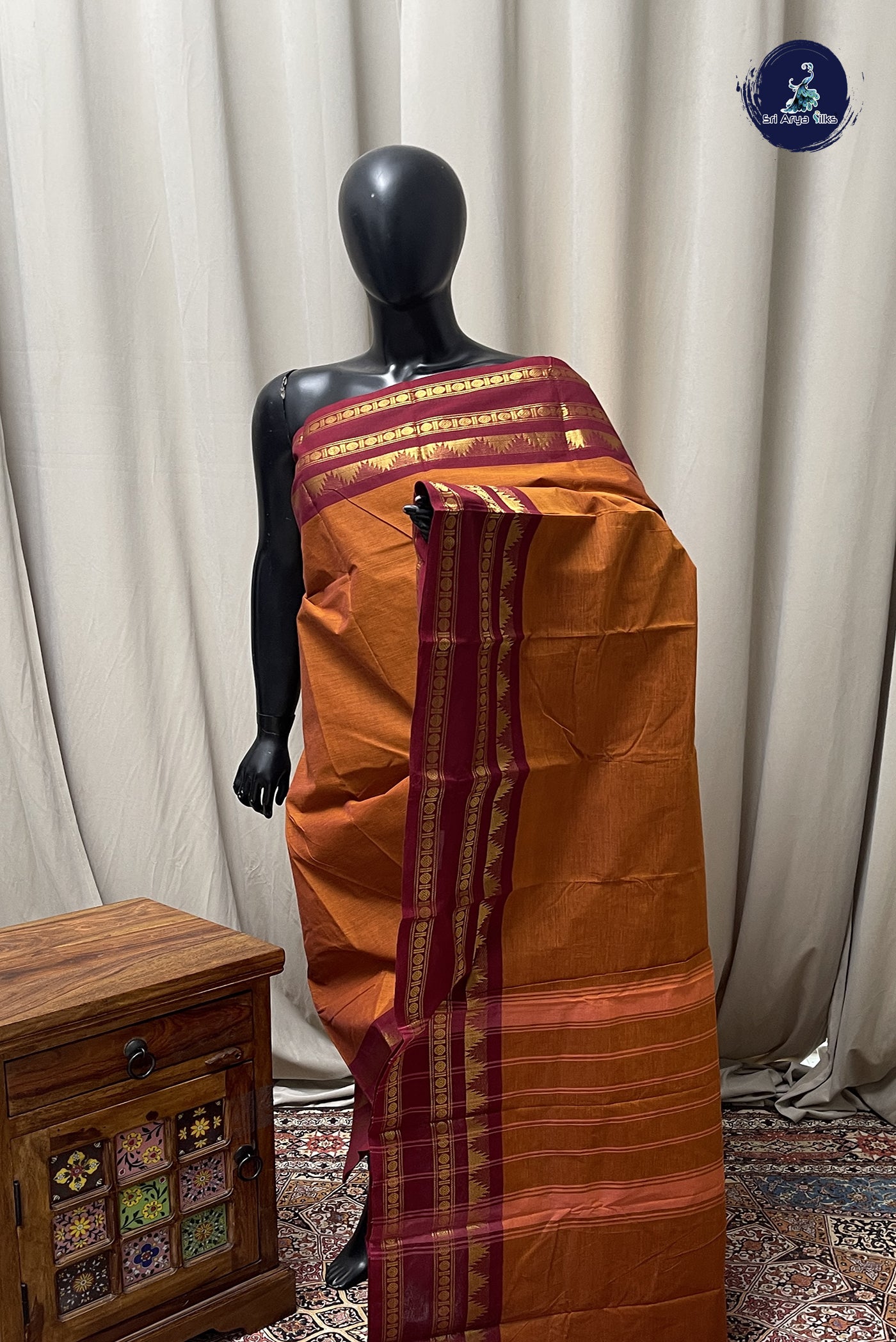 Rust Chettinad Cotton Saree With Plain Pattern