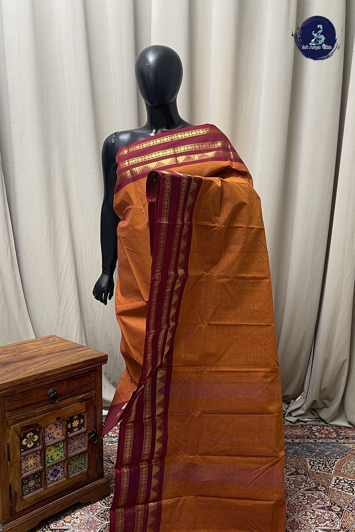 Rust Chettinad Cotton Saree With Plain Pattern