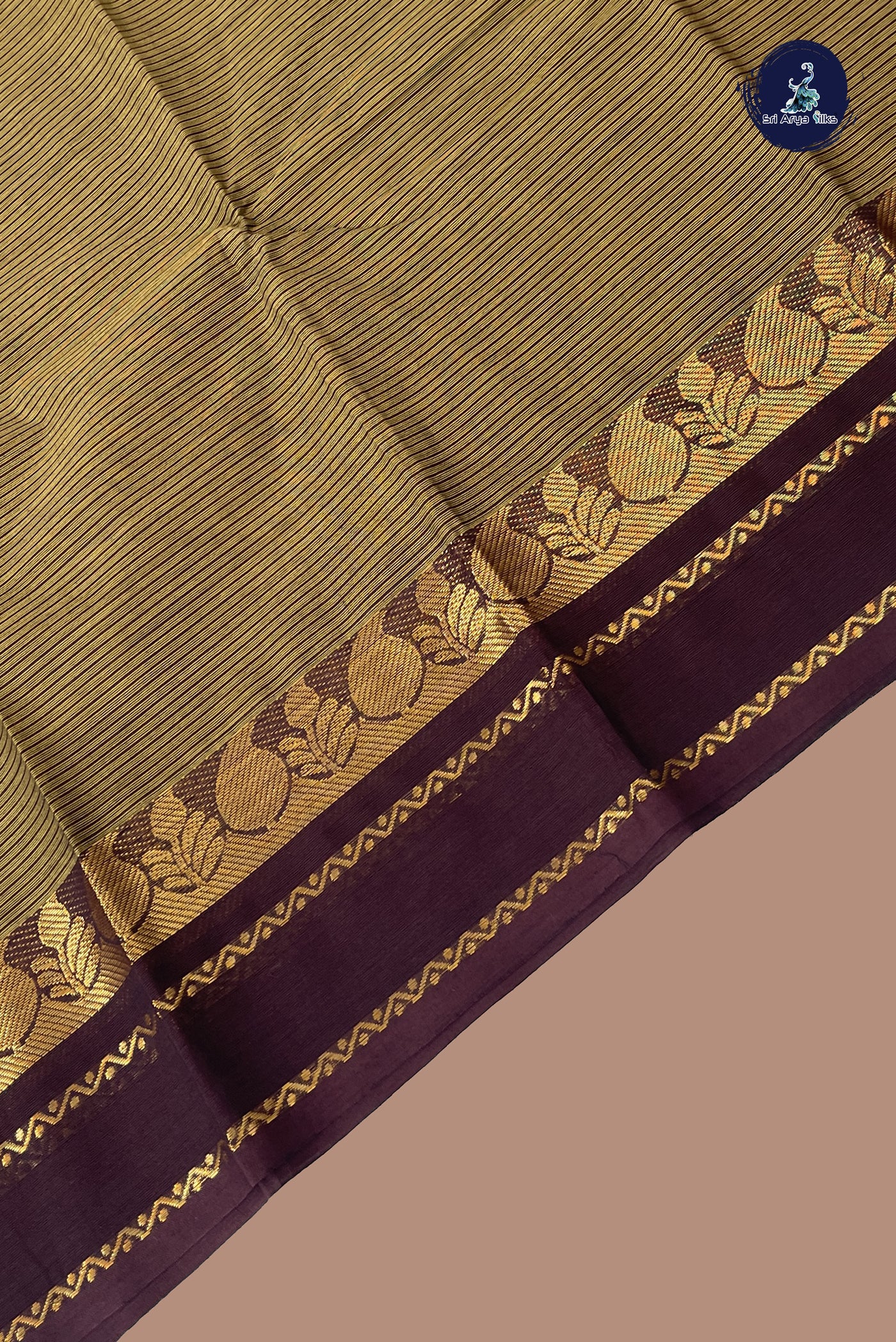 Mustard Chettinad Cotton Saree With Stripes Pattern