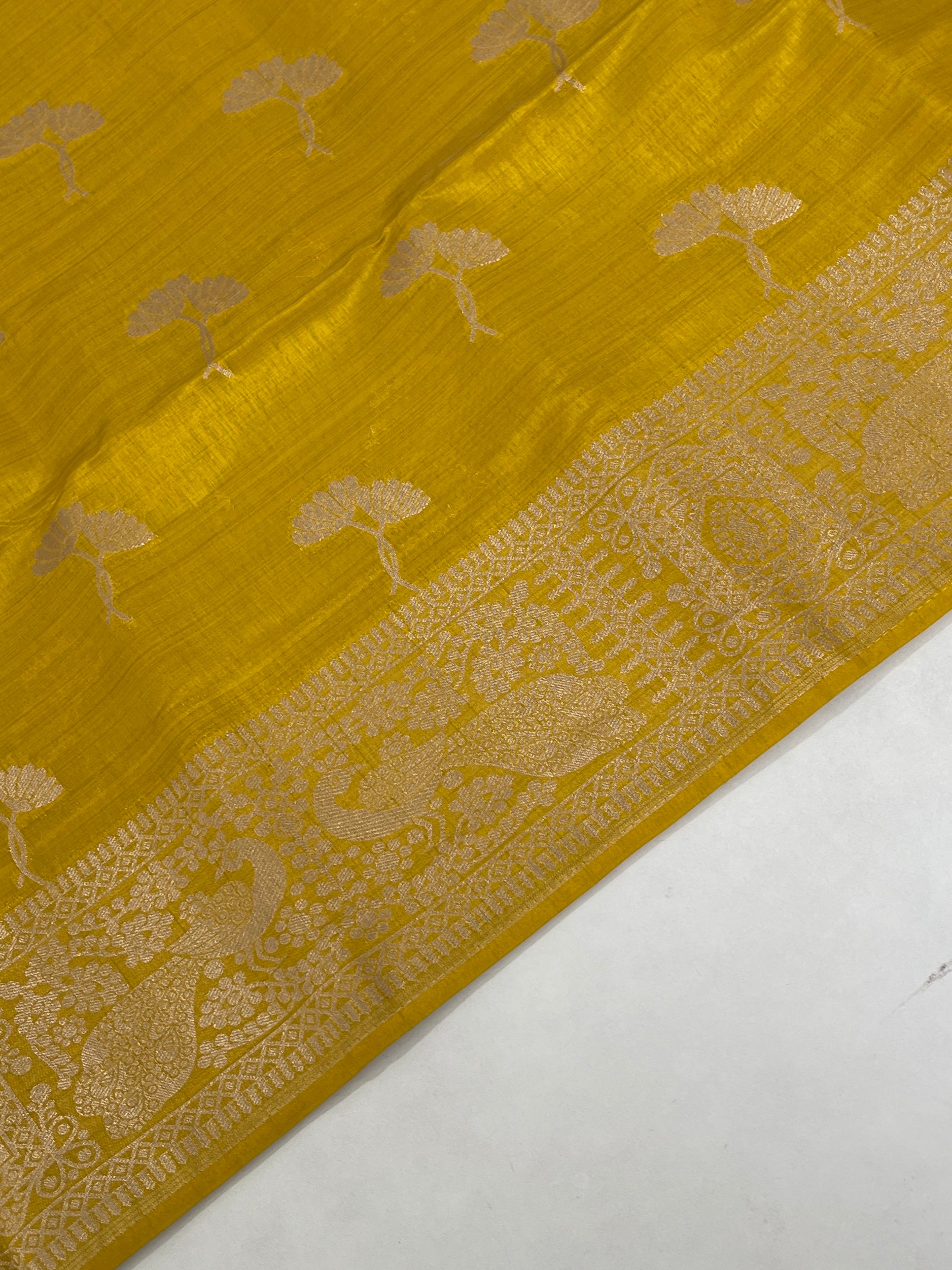 Mustard Yellow Semi Tussar Saree With Zari Buttas Pattern