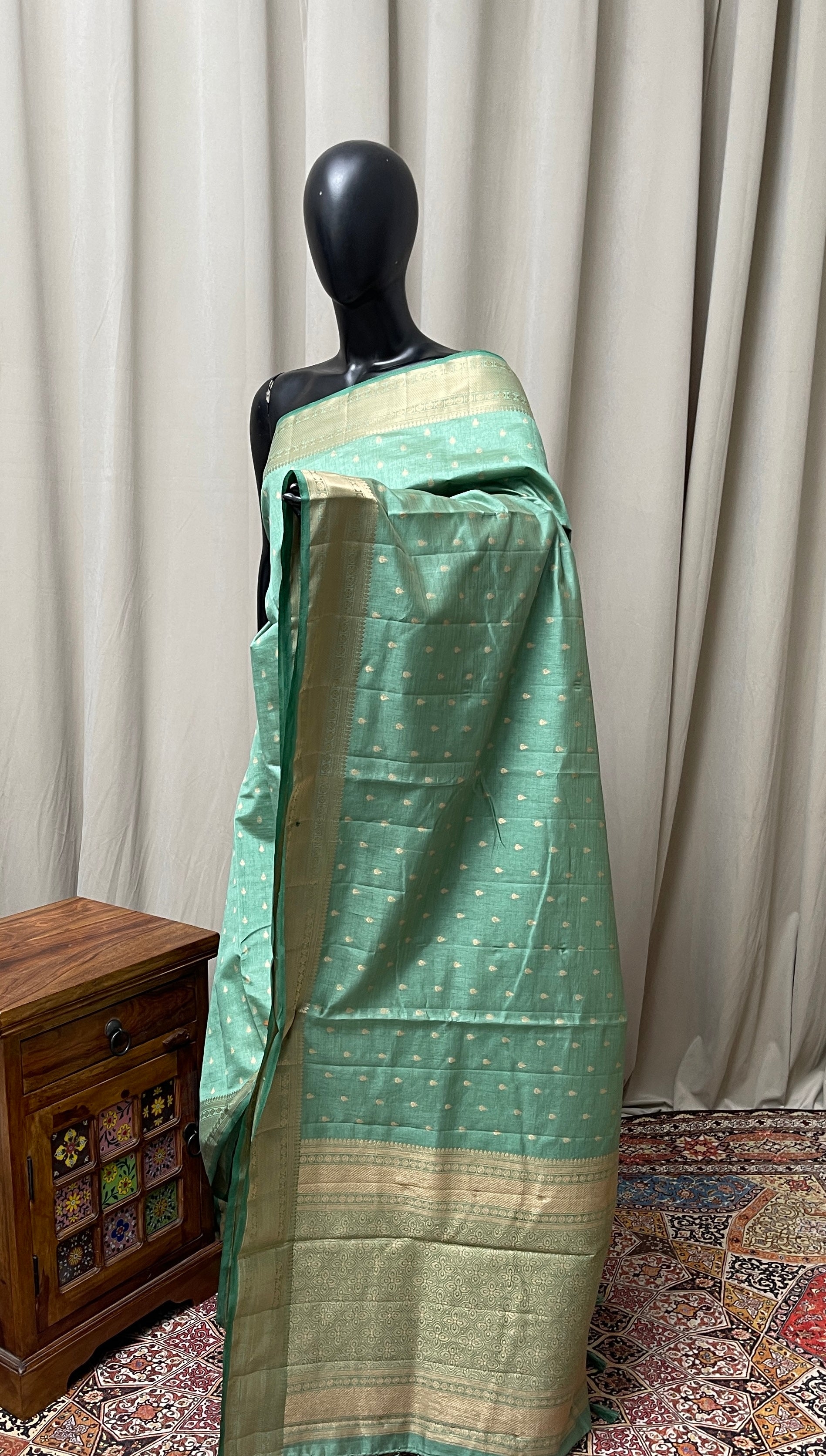 Pastel Green Semi Tussar Saree With Zari Buttas Pattern