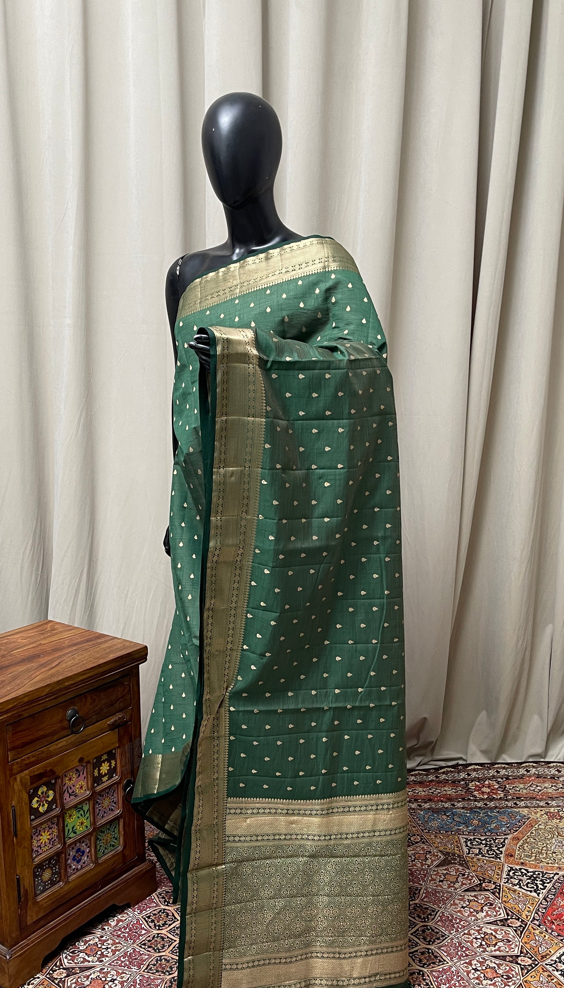 Dark Green Semi Tussar Saree With Zari Buttas Pattern